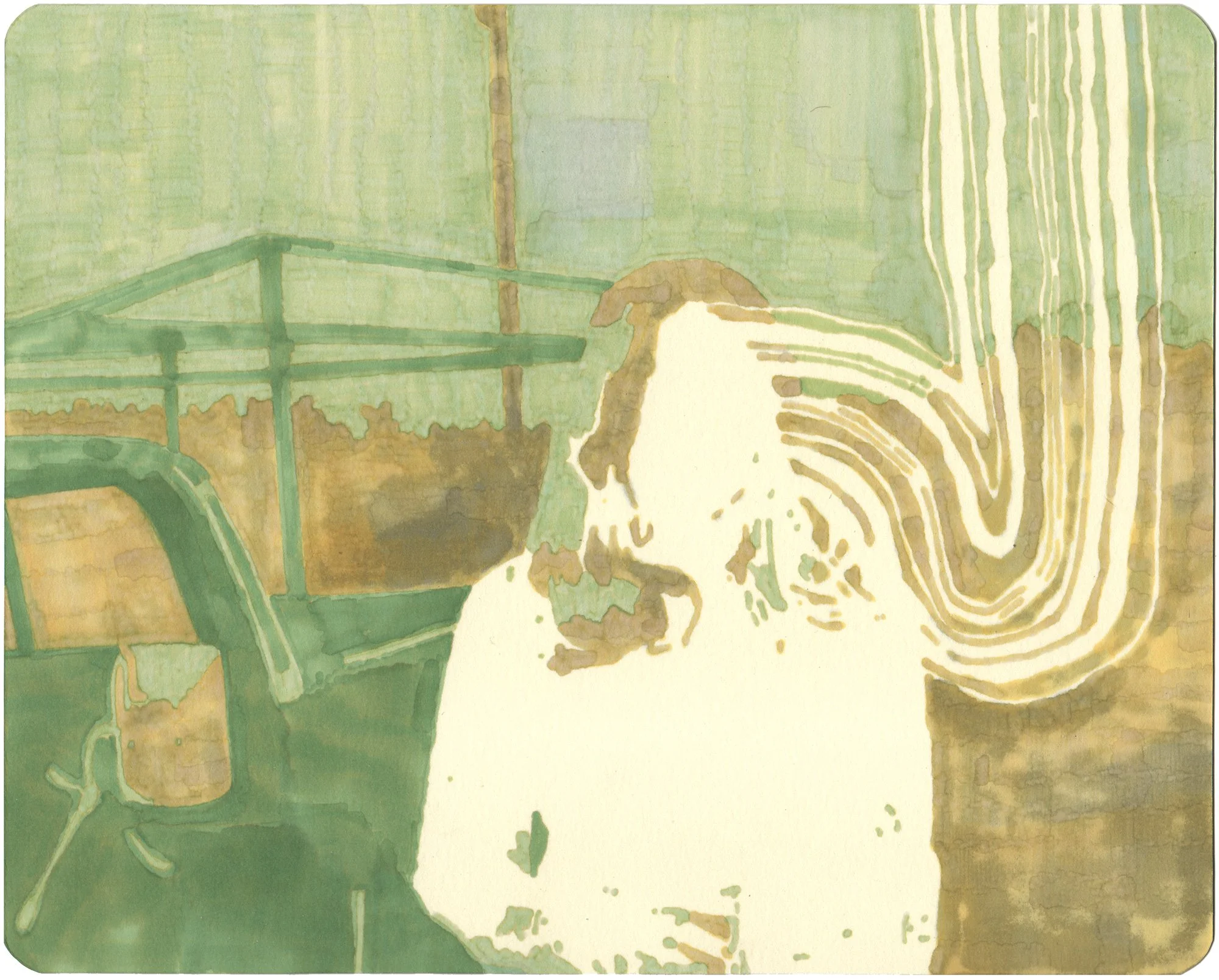 Hollis Brown Thornton drawing of an erased figure standing beside a car, with looping white lines extending from the figure across a muted green background.