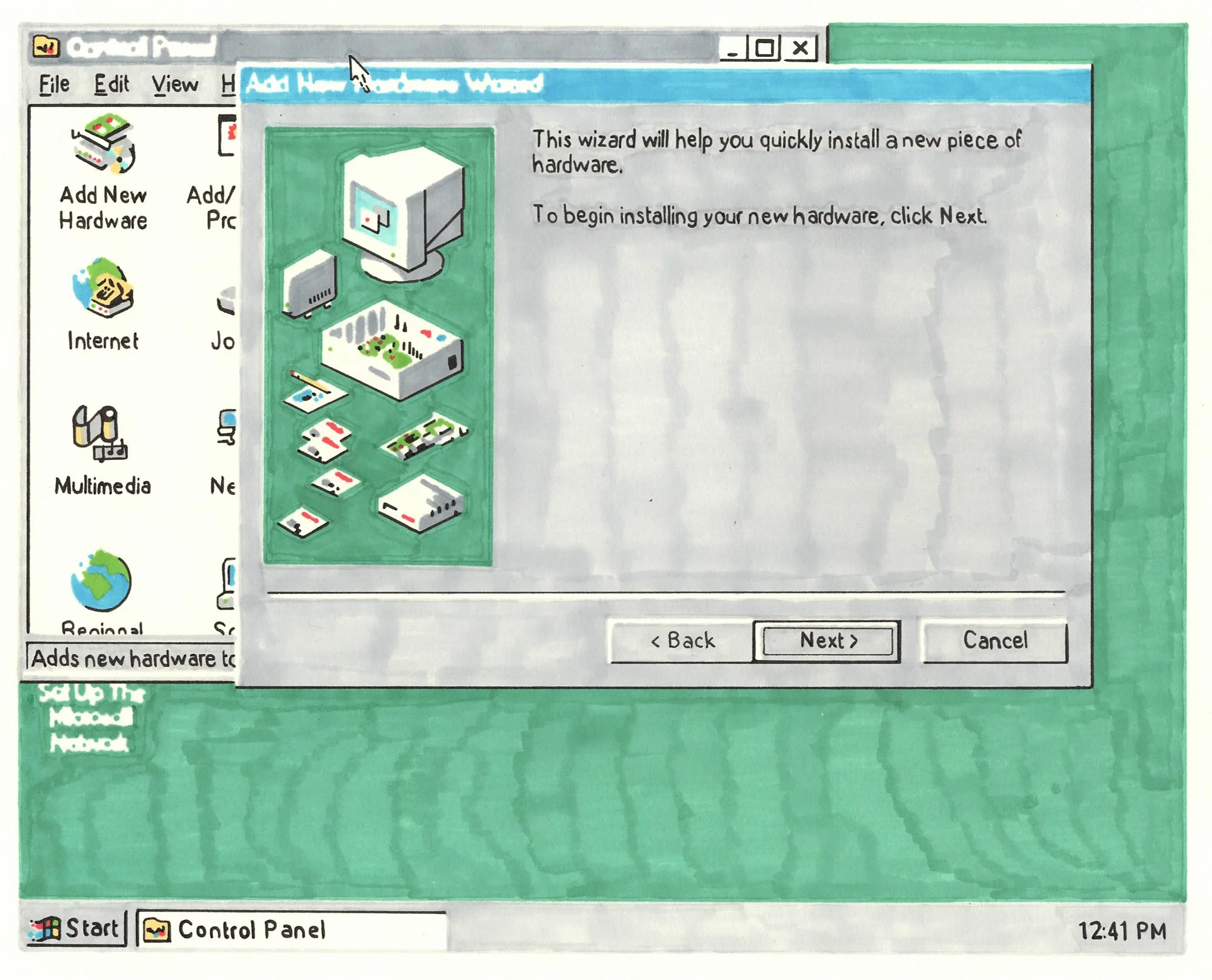  Windows 95  — permanent marker on paper, 8 x 10 inches, 2025 — $450