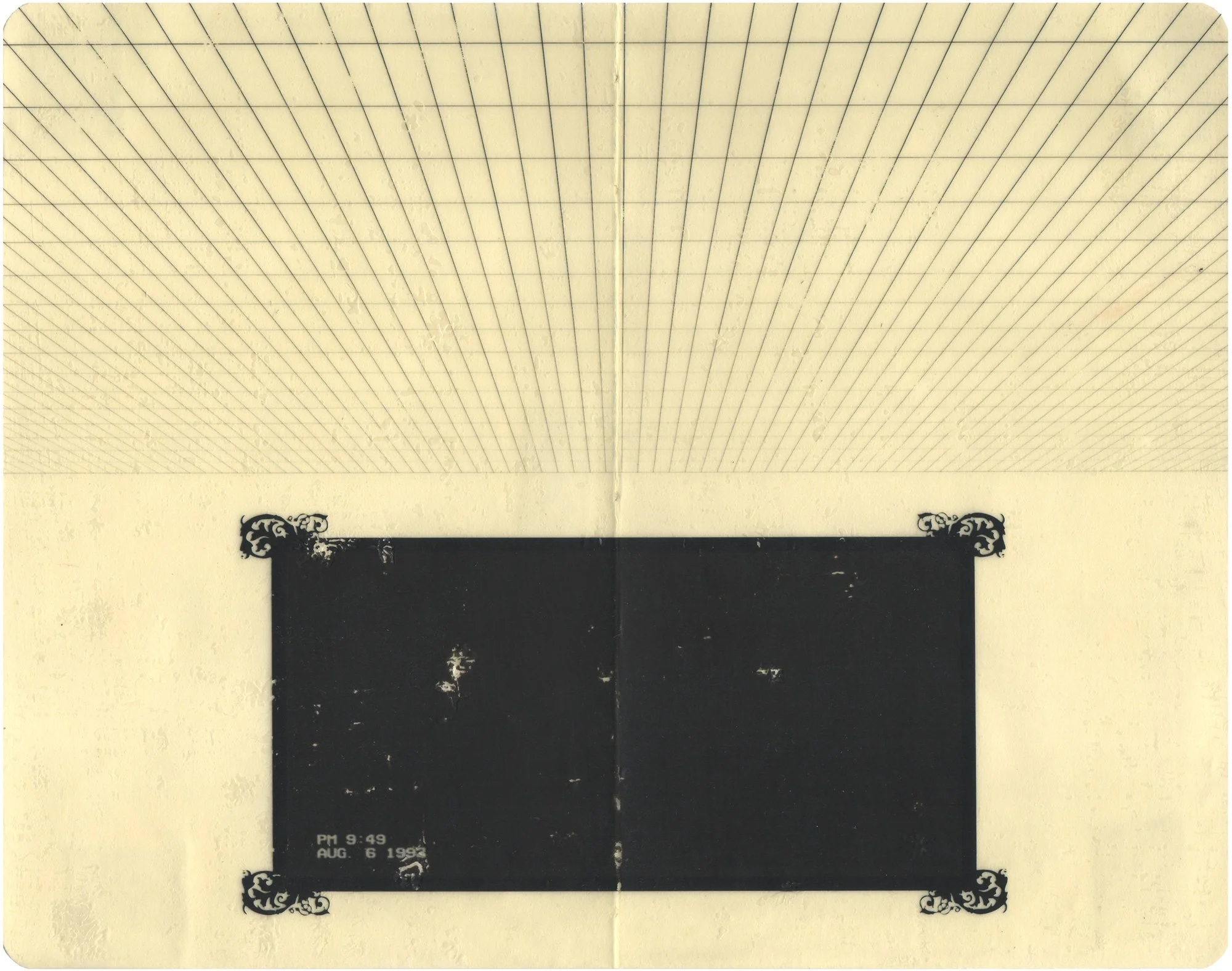 Hollis Brown Thornton pigment transfer of an empty interior with a gridded ceiling and a dark framed image containing a faint figure and VHS timestamp.