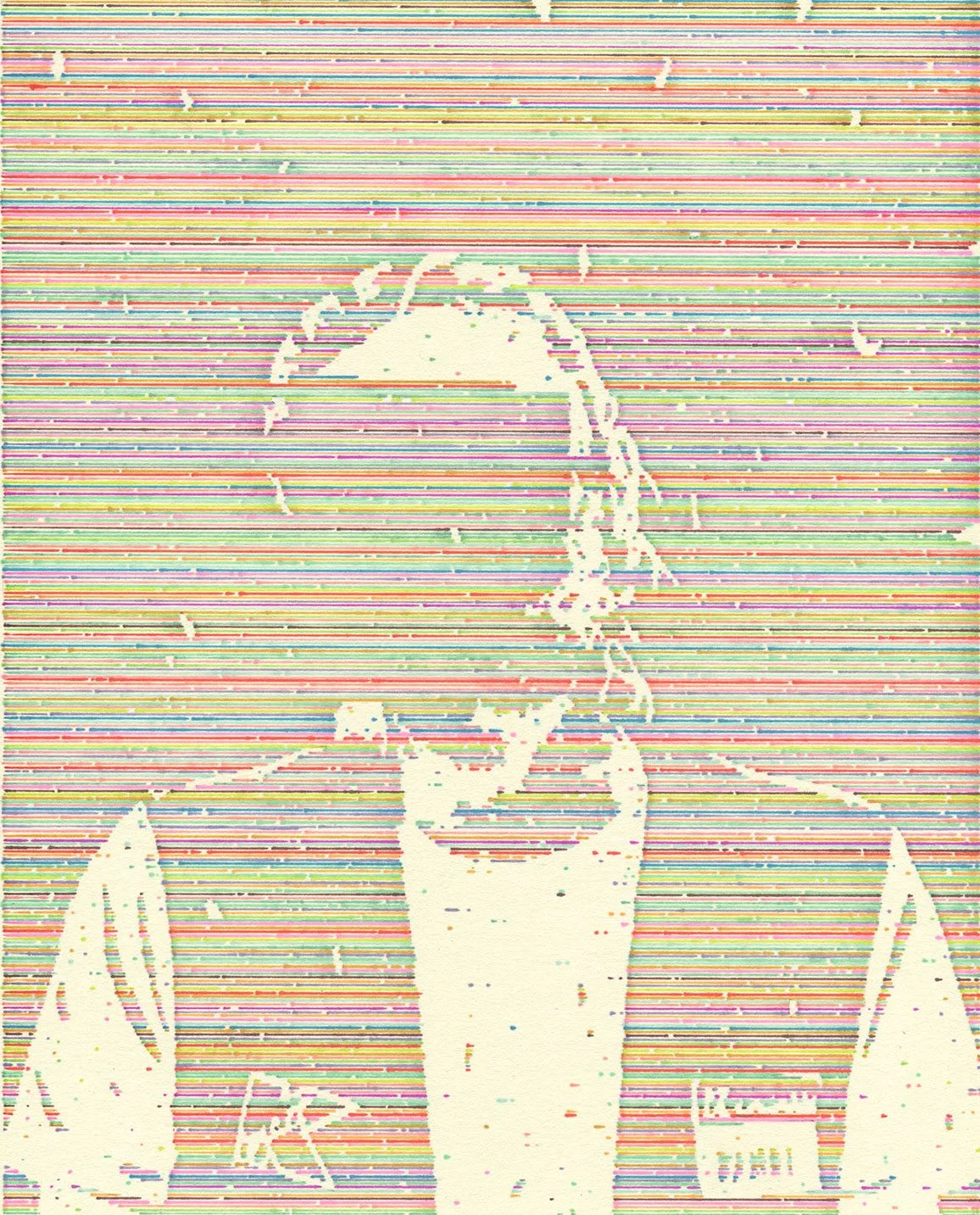 Permanent marker drawing by Hollis Brown Thornton depicting a partially erased figure surrounded by dense horizontal bands of multicolored lines.