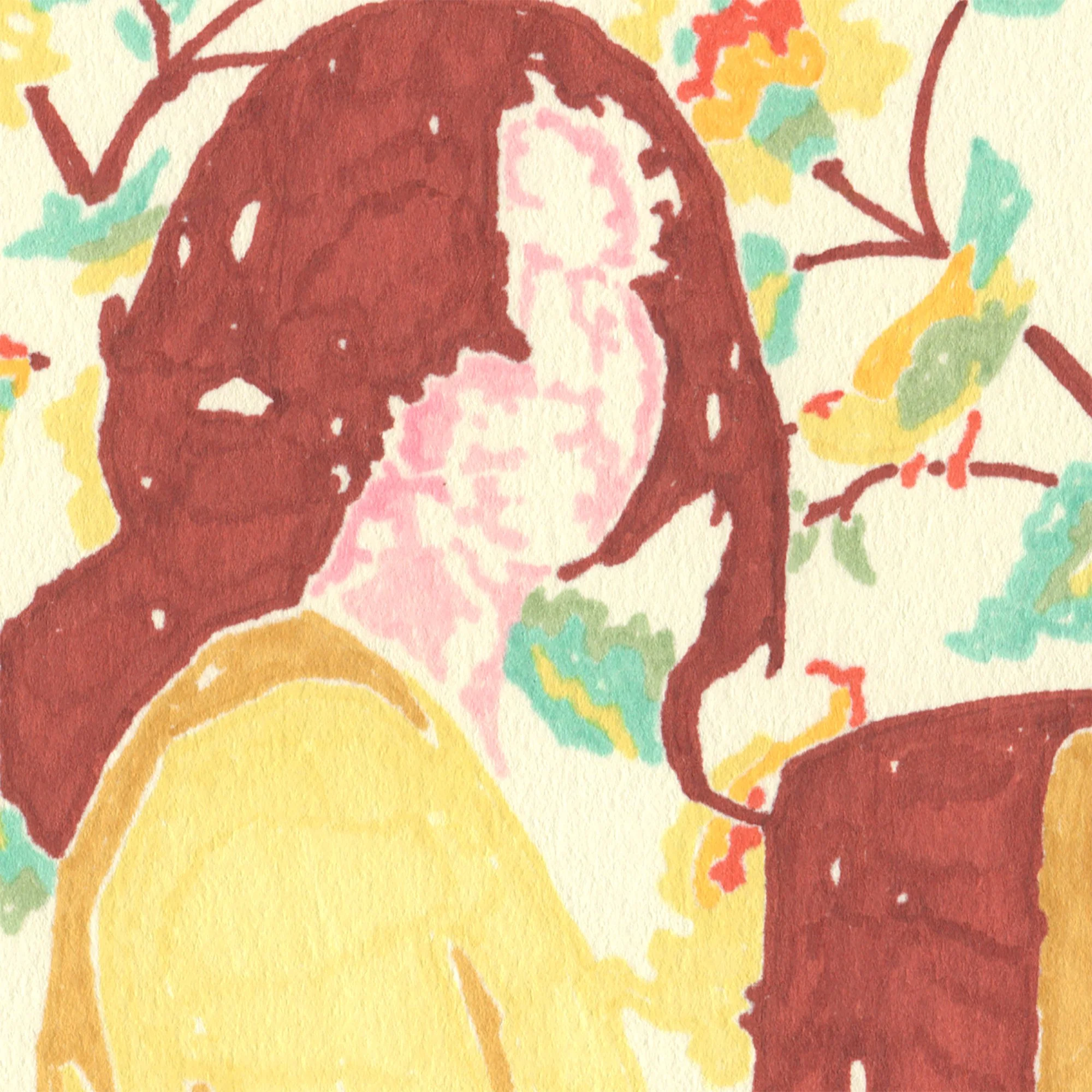 Detail of the drawing showing a woman with partially erased facial features, dark red-brown hair, and a yellow shirt against a colorful floral background.