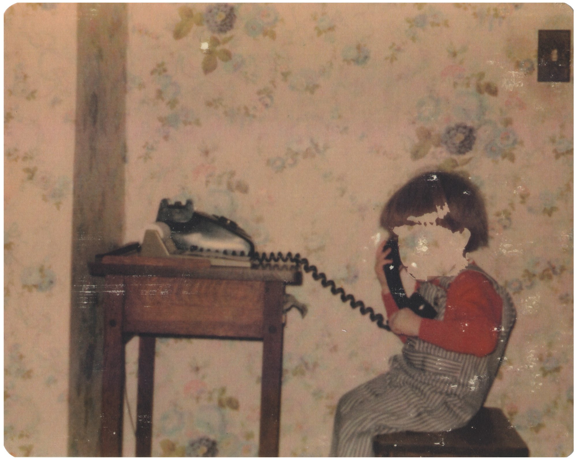Pigment transfer by Hollis Brown Thornton depicting a faceless child holding a telephone receiver beside a wooden table against faded floral wallpaper.