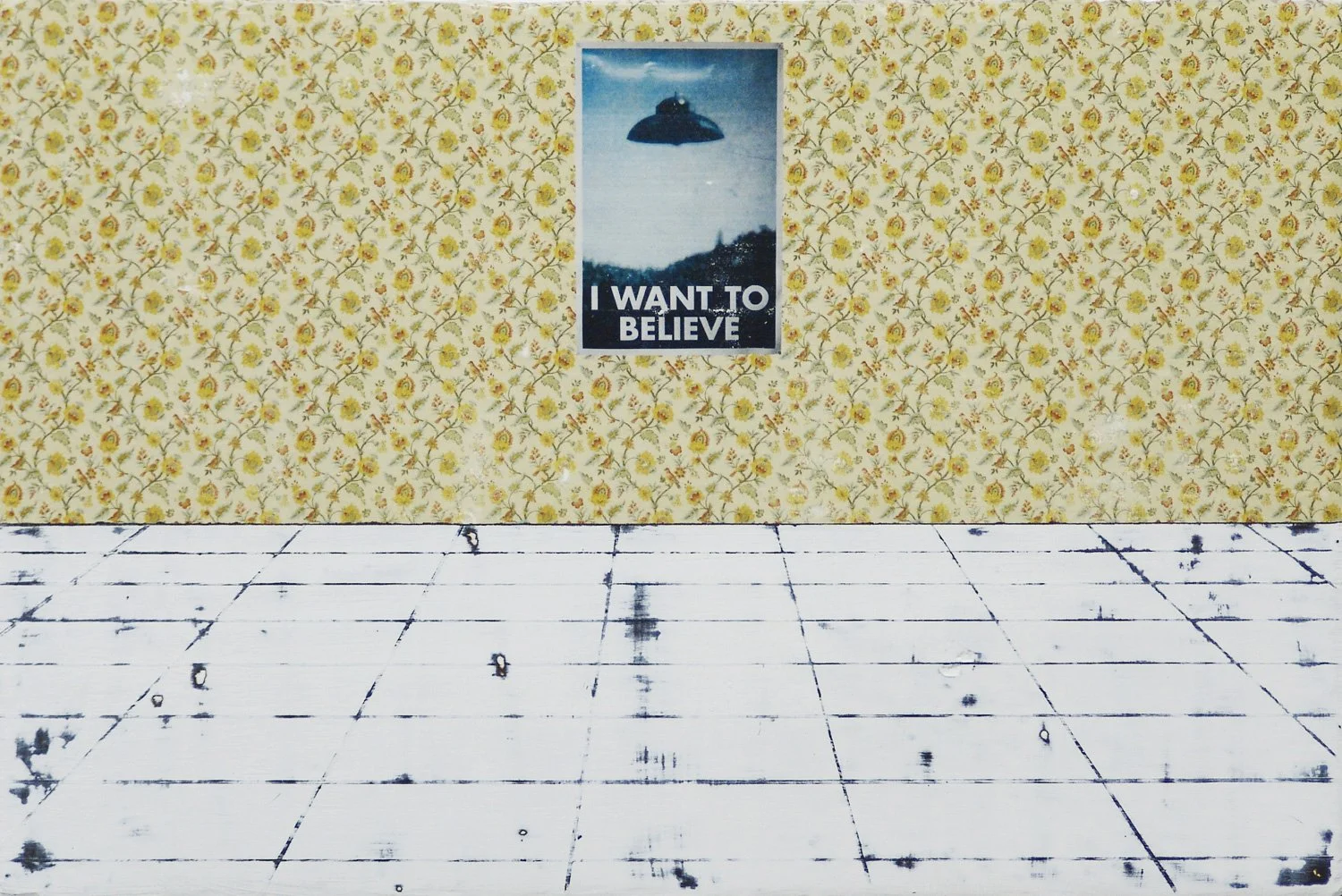 Hollis Brown Thornton painting of an empty room with yellow floral wallpaper, a worn white tiled floor, and an “I Want to Believe” UFO poster centered on the wall.