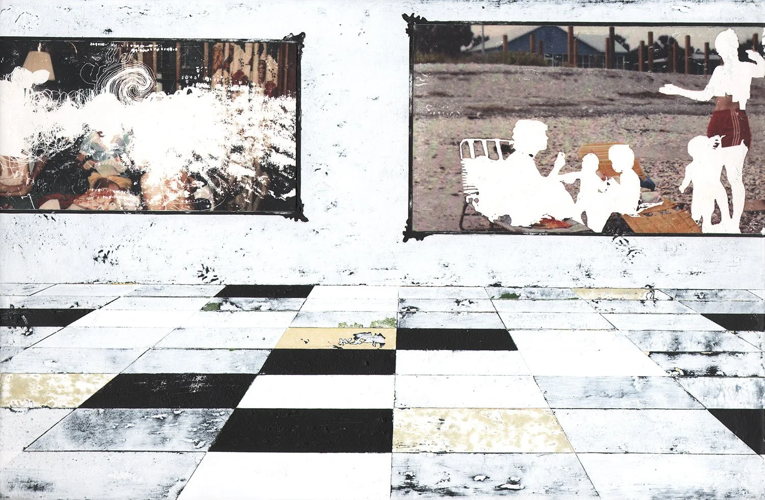 Hollis Brown Thornton painting of an empty interior with a worn tiled floor and two framed family photographs, with figures partially erased and obscured in white.