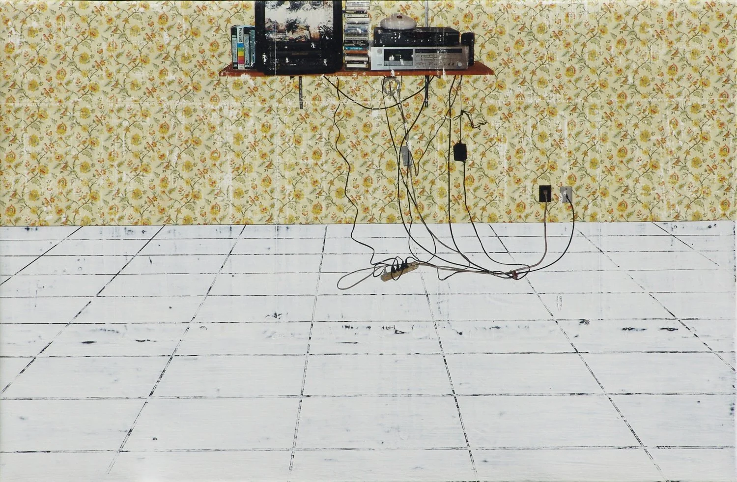 Hollis Brown Thornton painting of an empty room with floral wallpaper, a white tiled floor, vintage television and video equipment on a wall-mounted shelf, and tangled electrical cords hanging to the floor.