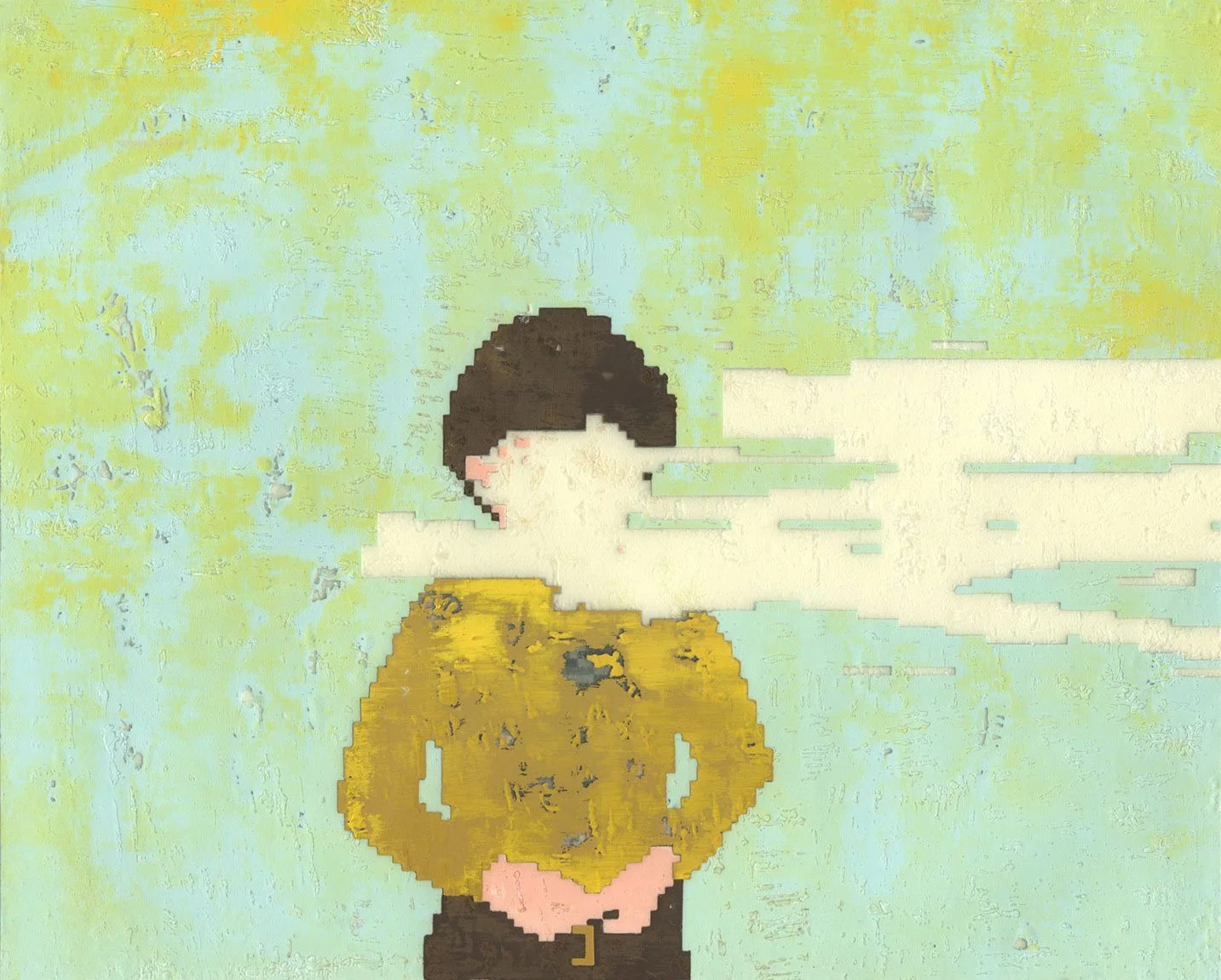 Painting by Hollis Brown Thornton depicting a pixelated figure in a yellow jacket whose face and upper body dissolve into a pale horizontal band against a textured blue-green and yellow background.