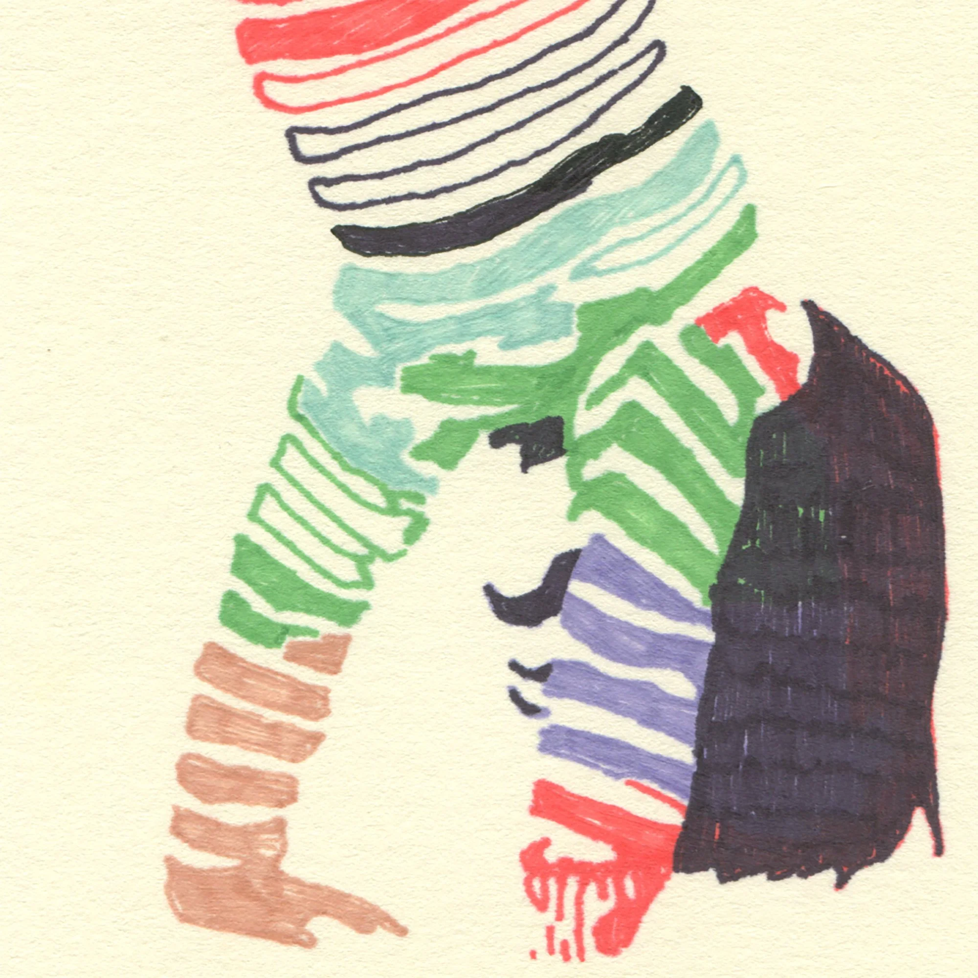 Detail of the drawing showing multicolored striped clothing and dark hair rendered in permanent marker on paper.