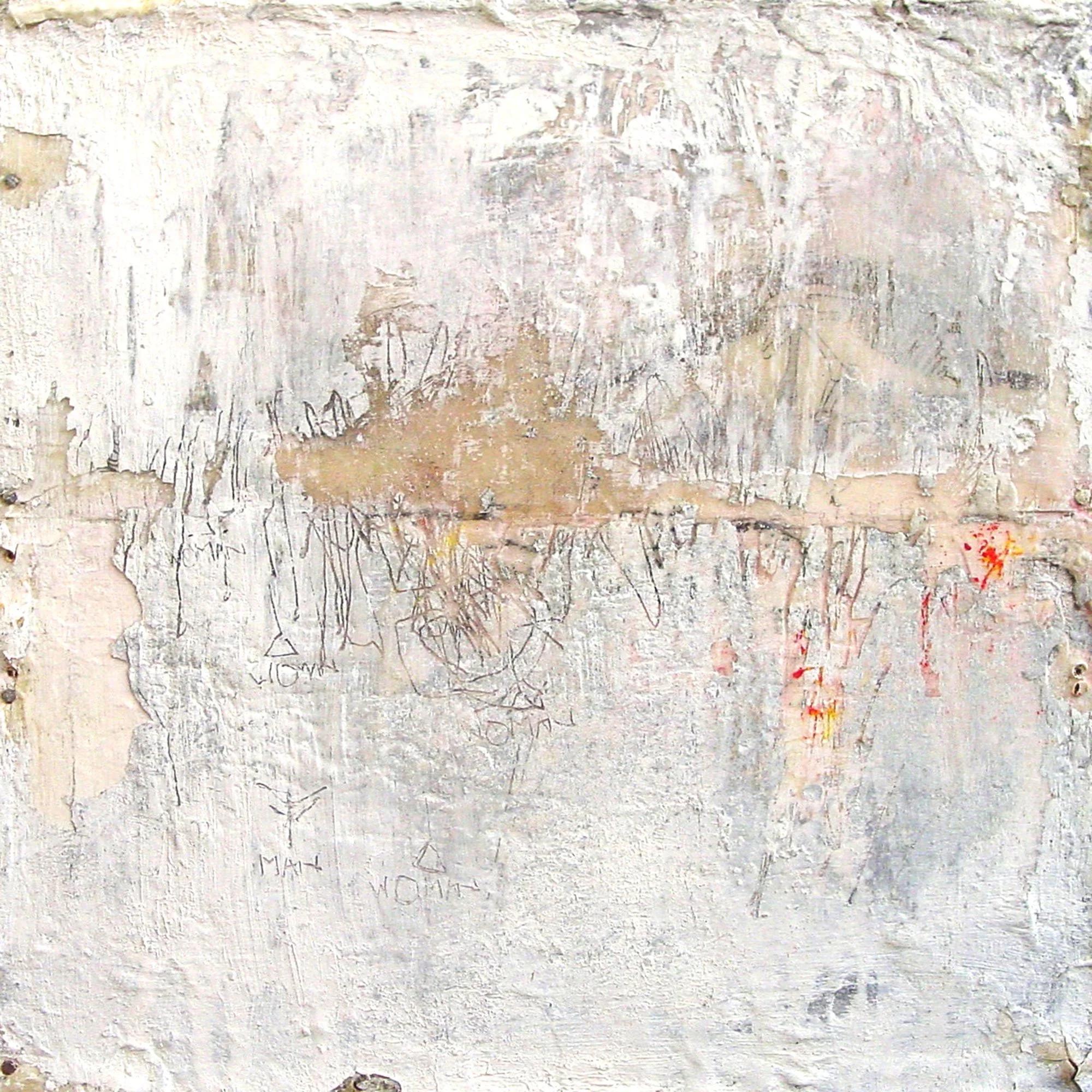  Heart Strangers  — oil, encaustic pigment transfer on transparency film and canvas, 10 x 10 inches, 2002