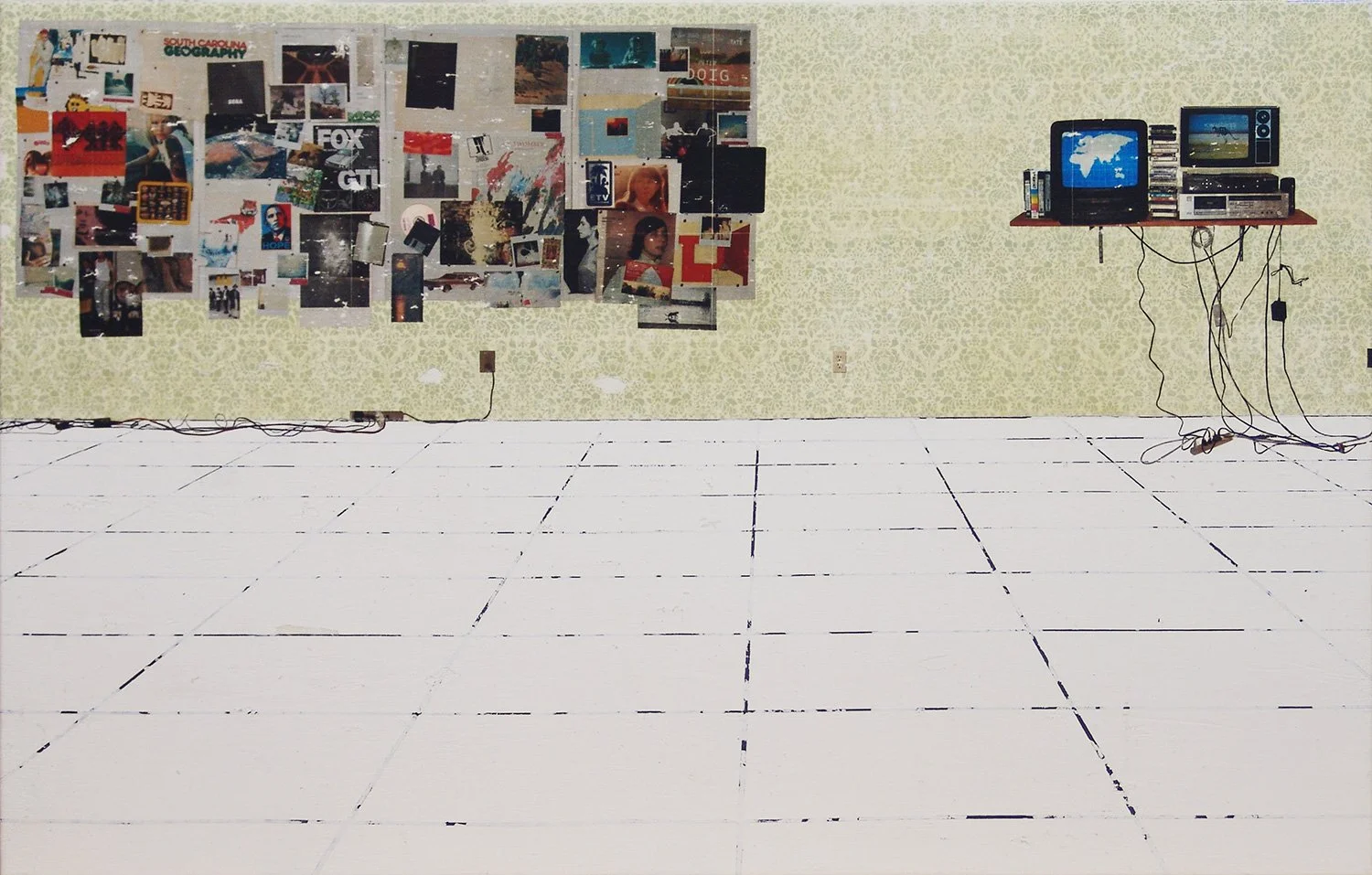 Hollis Brown Thornton painting of an empty interior with pale green patterned wallpaper, a large wall collage, CRT televisions and electronic equipment, and tangled cords above a worn white tiled floor.