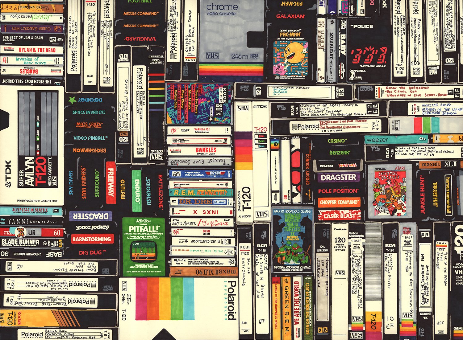  Cassettes, VHS & Atari  — permanent marker on paper, 23 x 30 inches, 2013