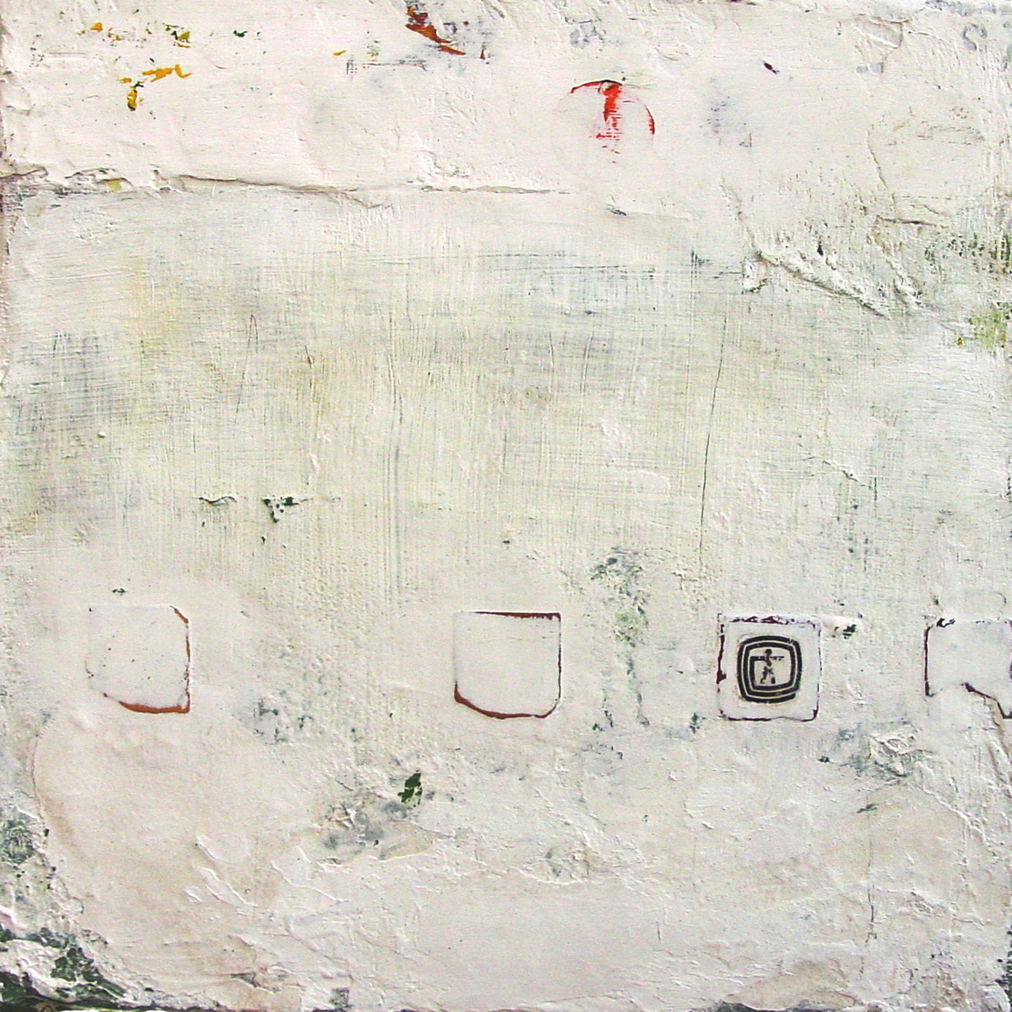 Painting by Hollis Brown Thornton with a heavily worked pale surface and a row of small, partially obscured rectangular forms, including a central pictographic image.