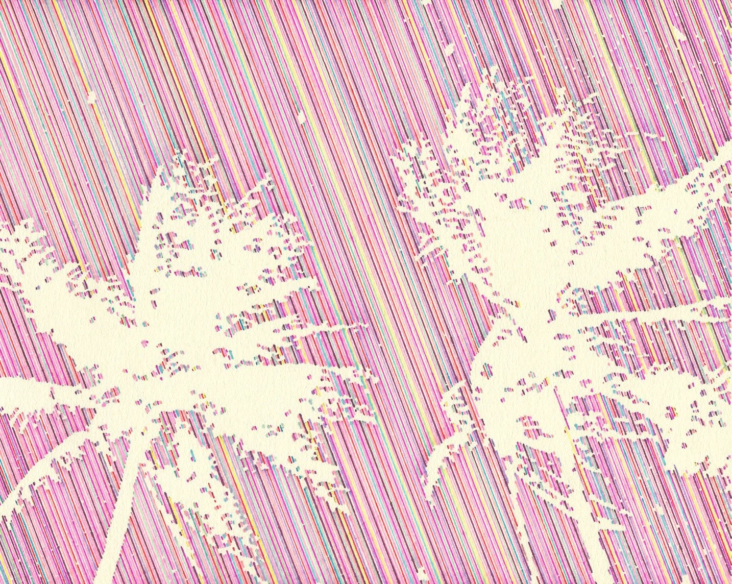 Permanent marker drawing by Hollis Brown Thornton depicting palm trees partially erased by dense vertical bands of multicolored lines.