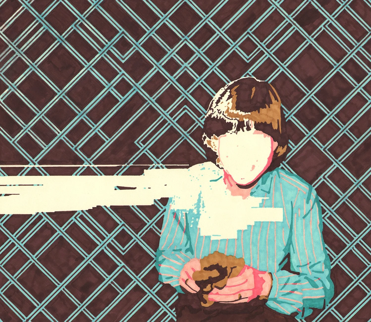 Hollis Brown Thornton drawing of an erased child holding an object against a brown and turquoise geometric patterned background.