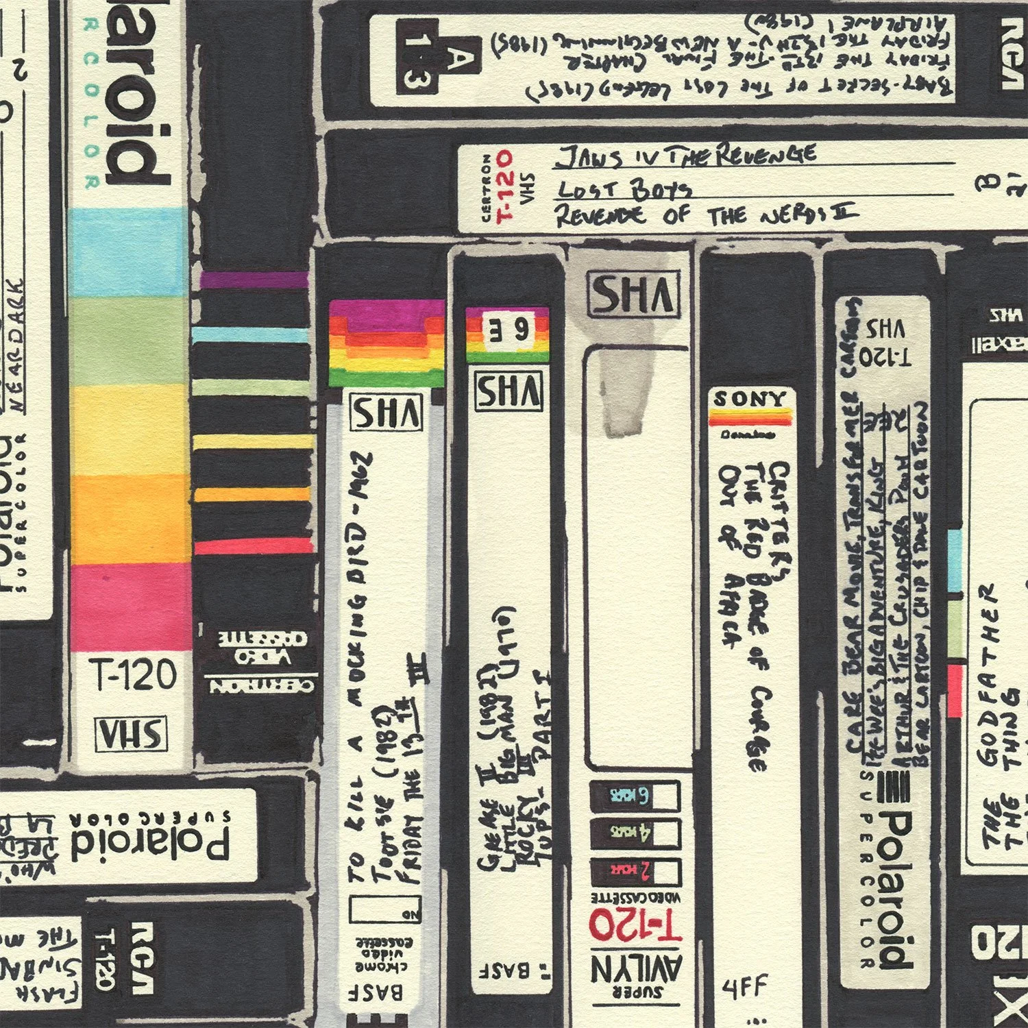Detailed permanent marker drawing of stacked and overlapping VHS tapes with handwritten labels by Hollis Brown Thornton.