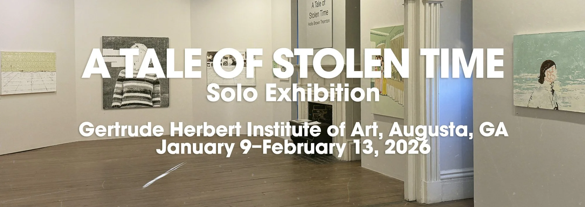 Gallery wall with various paintings and photographs, an open door, and a large text overlay.