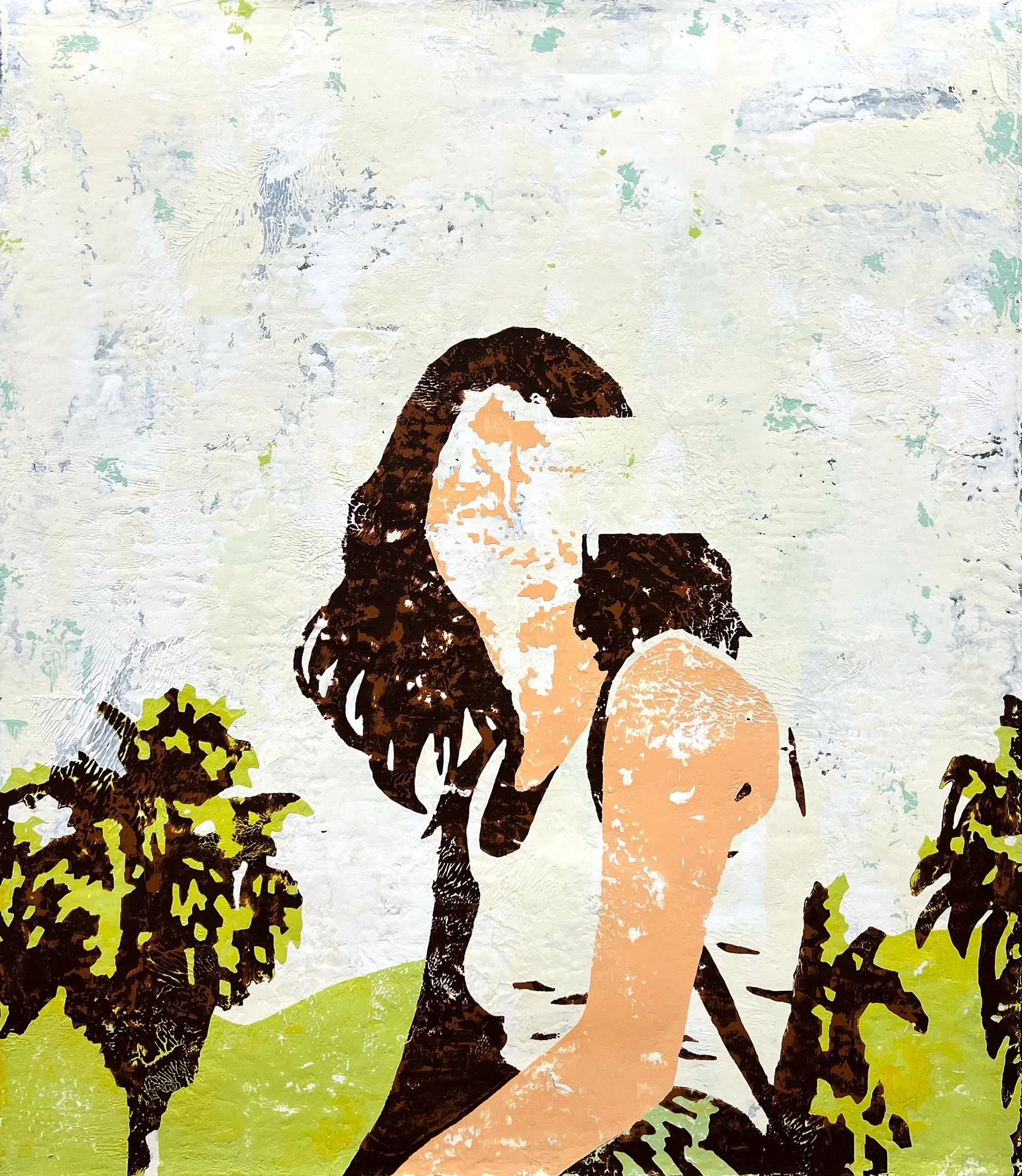 Painting of a seated woman with her face partially erased, surrounded by a textured pale background and dark trees with bright green foliage.