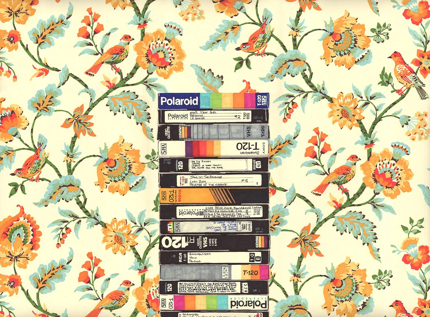 Permanent marker drawing of a tall stack of VHS tapes surrounded by colorful floral wallpaper with birds and flowering vines.