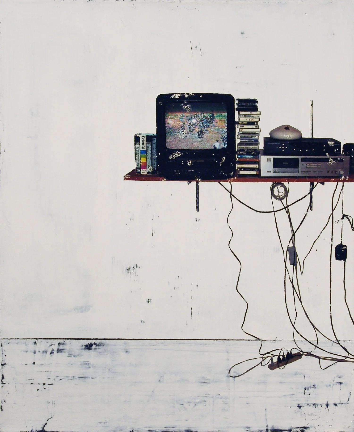 Hollis Brown Thornton painting of an empty interior with a CRT television displaying static, stacks of VHS tapes, electronic equipment, and tangled cords against a white wall.