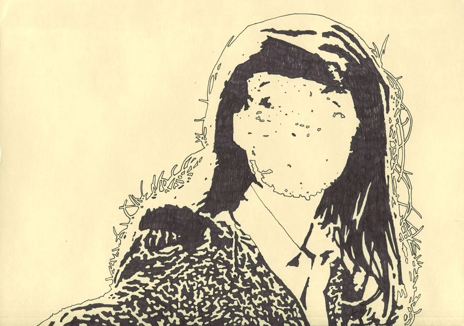 Permanent marker drawing by Hollis Brown Thornton depicting a seated woman whose facial features have been largely erased, rendered in dense black lines against cream-colored paper.