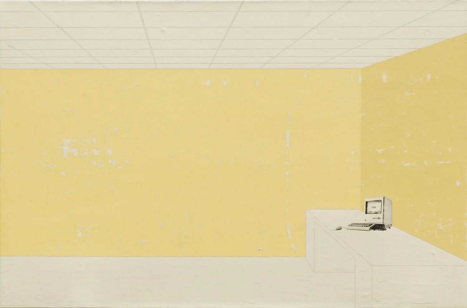 Hollis Brown Thornton painting of an empty yellow interior with a gridded ceiling and a vintage Macintosh computer resting on a white counter.