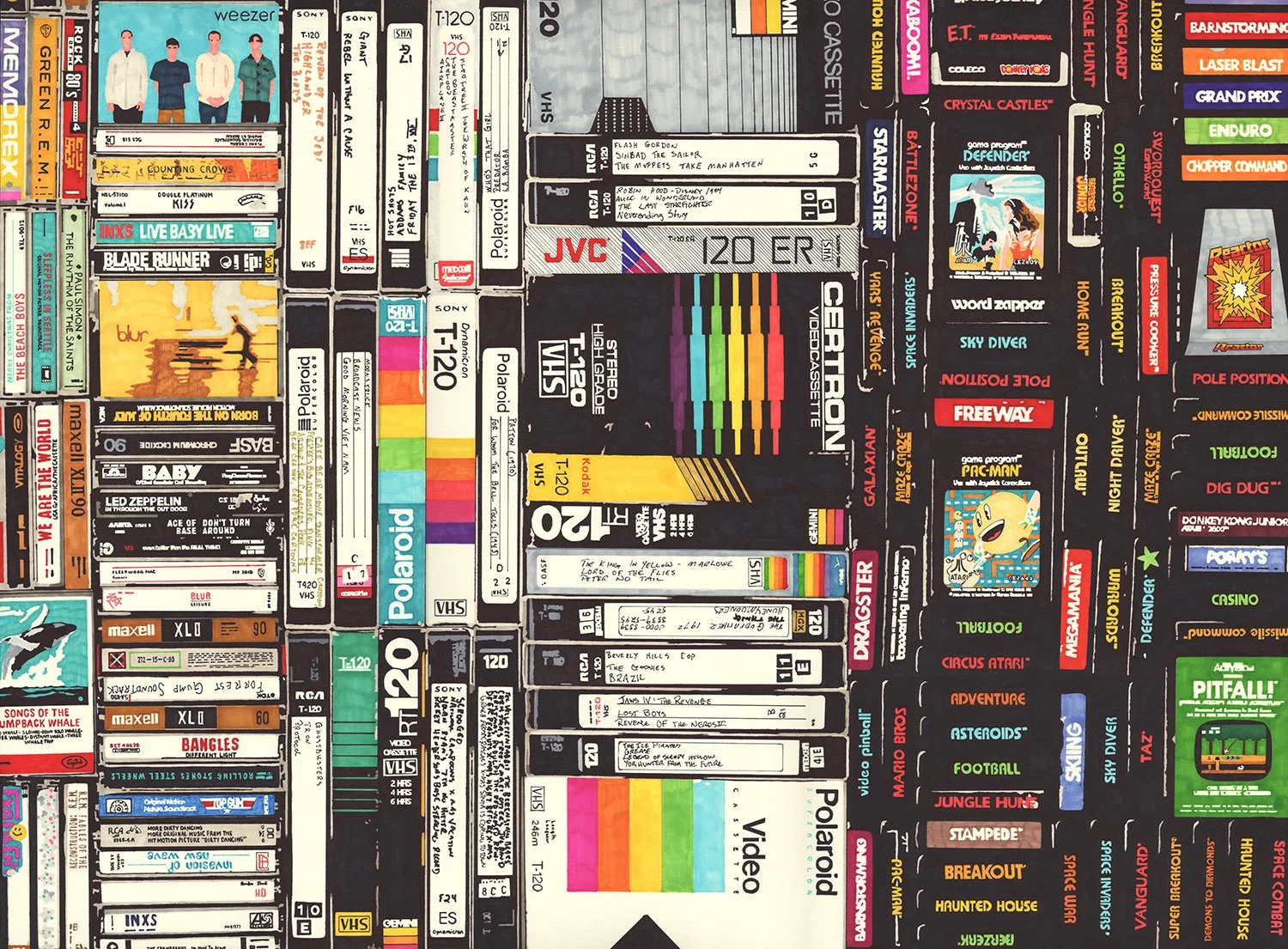  Cassettes, VHS & Atari  — permanent marker on paper, 23 x 30 inches, 2012