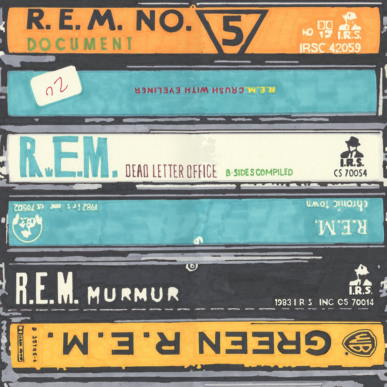 Permanent marker drawing by Hollis Brown Thornton depicting a stack of R.E.M. cassette tape spines, including Document, Dead Letter Office, Murmur, and Green.