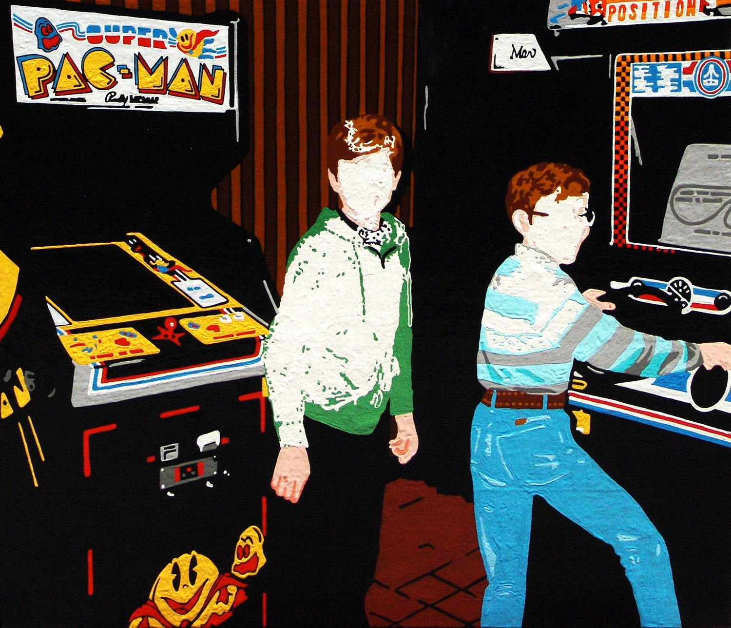 Hollis Brown Thornton painting of two faceless figures standing among brightly colored Pac-Man and other arcade machines against a predominantly black background.