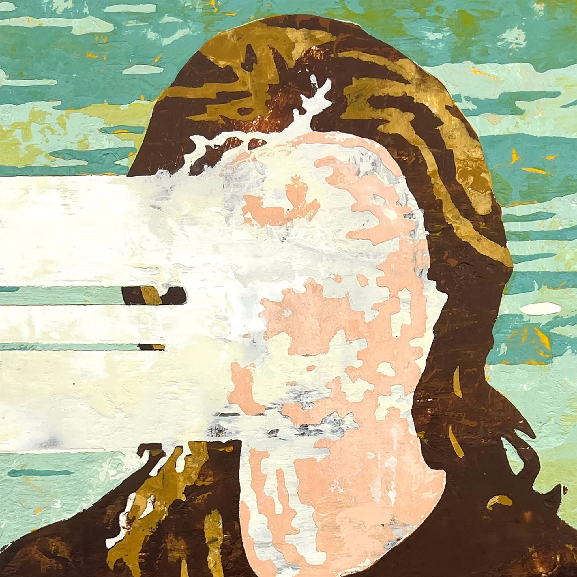 Detail of the painting showing a woman’s partially erased face and dark brown hair against a layered aqua and pale green background.