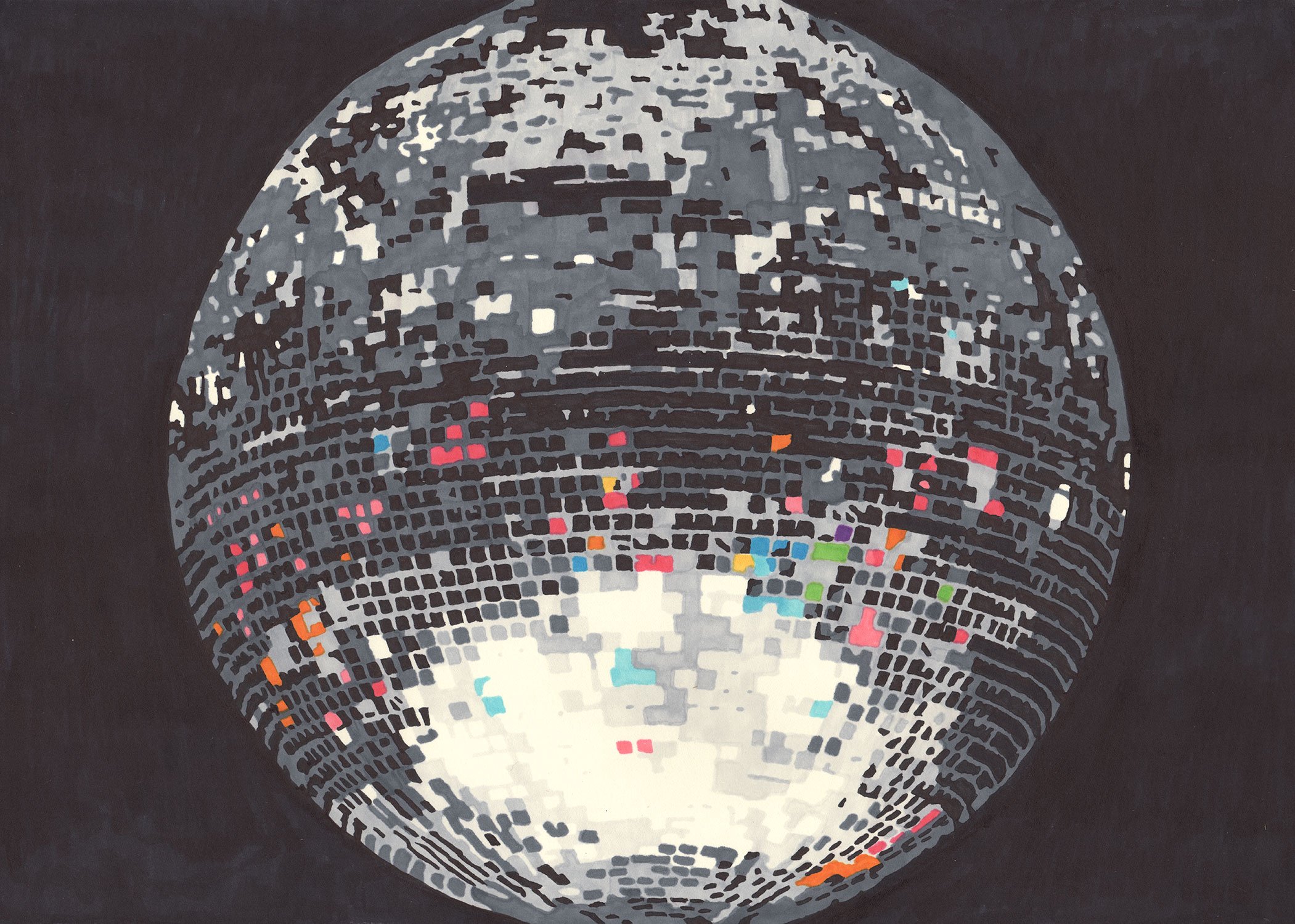 Permanent marker drawing by Hollis Brown Thornton depicting a large mirrored disco ball against a dark background, rendered in gray, black, white, and scattered bright colors.