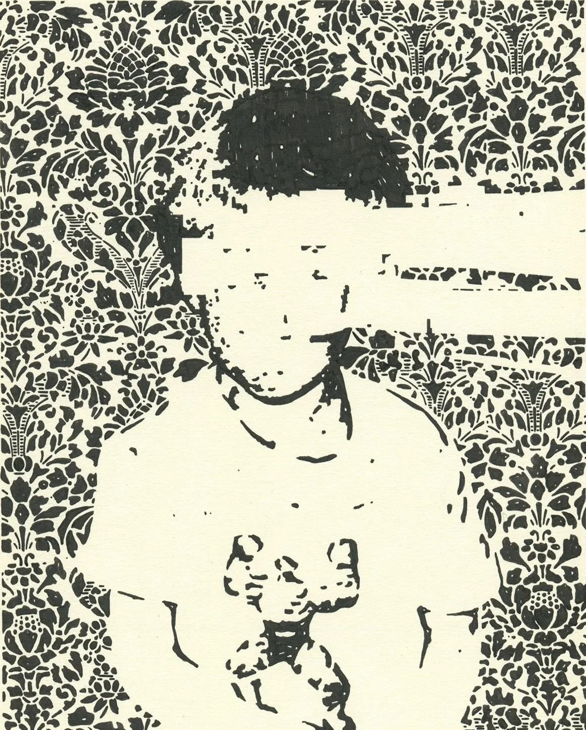 Hollis Brown Thornton black-and-white drawing of a partially erased figure holding an object, surrounded by a dense floral wallpaper pattern.