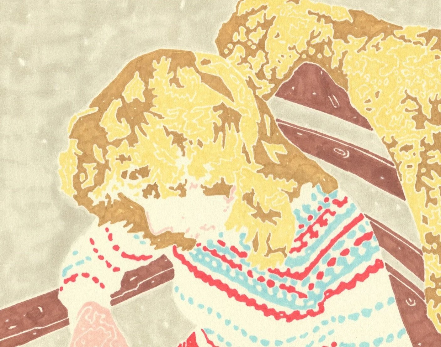 Hollis Brown Thornton drawing of an erased child with curly blond hair seated in a wooden chair, wearing a red and blue patterned sweater.