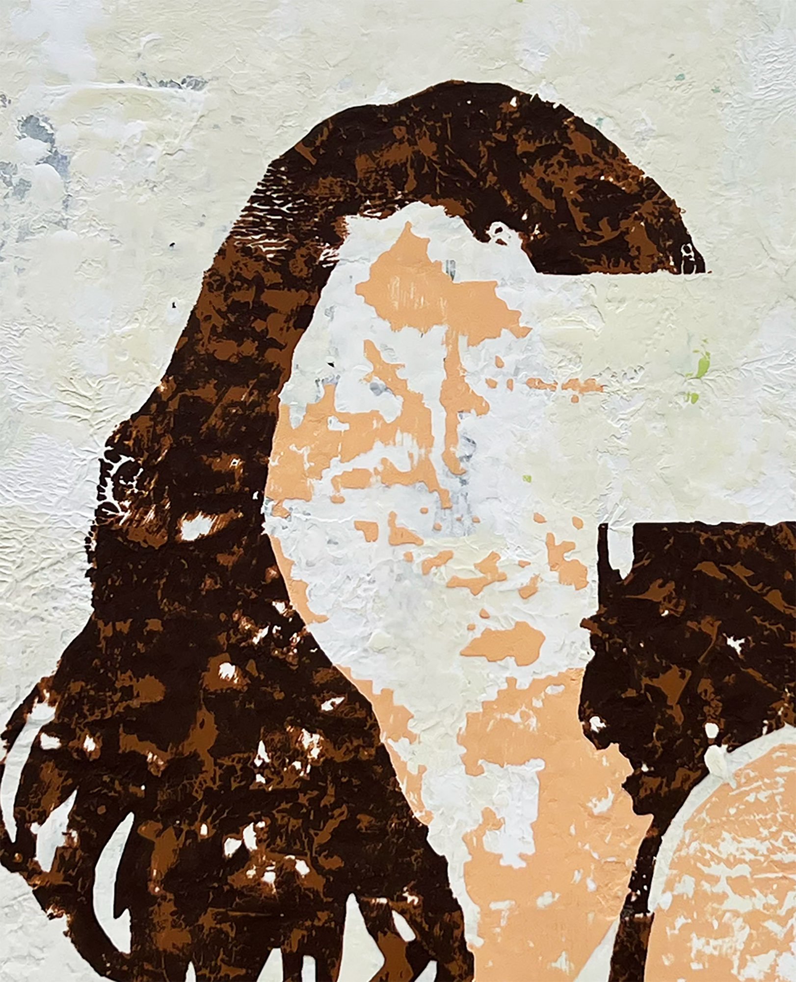 Abstract portrait of a woman with long dark hair, depicted with textured, layered art style.
