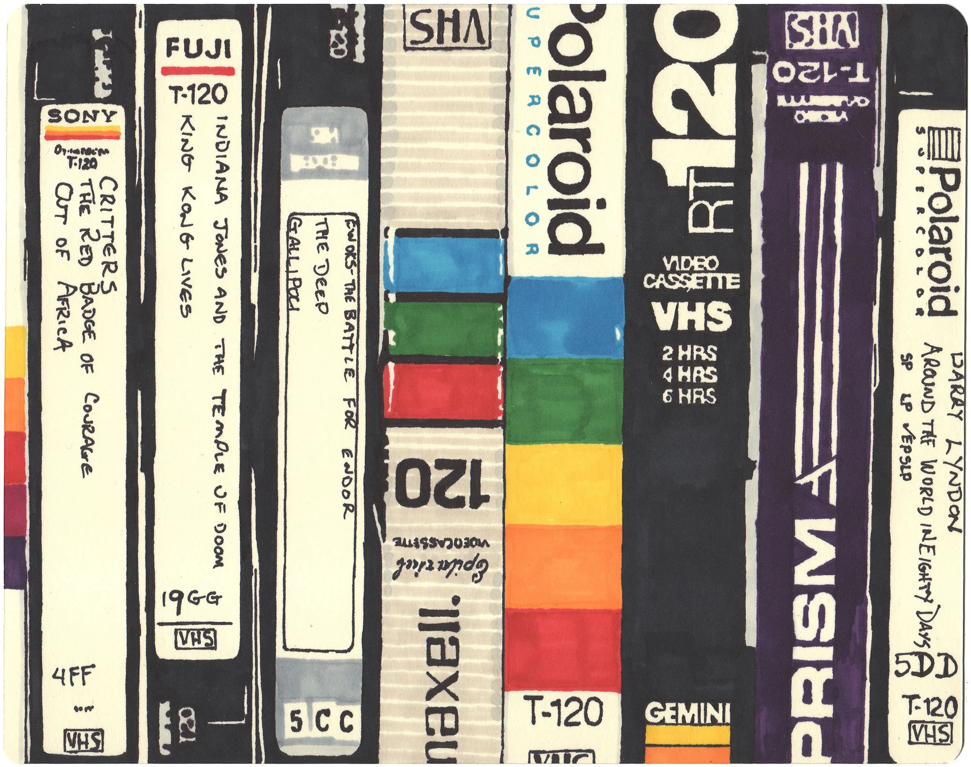 Hollis Brown Thornton drawing of a row of handwritten VHS tapes, including Polaroid, Maxell, BASF, and other videocassette brands.