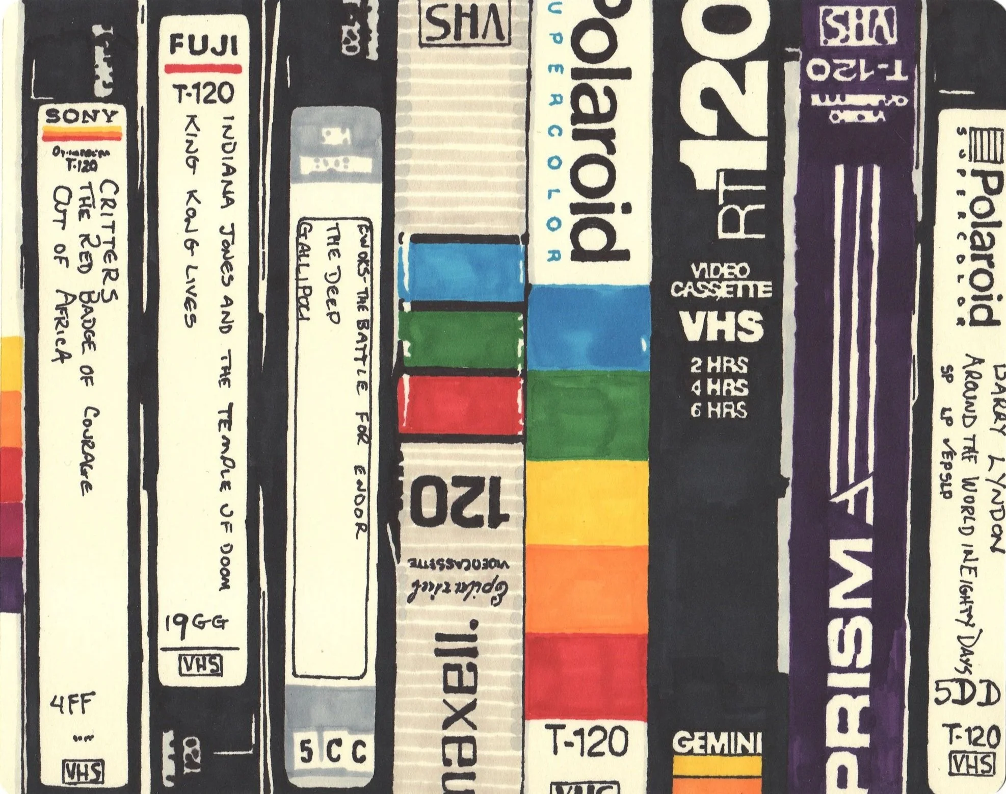 Close-up of a collection of vintage video tape labels, including brands such as Sony, Fuji, and Maxell, with handwritten notes and colored bars indicating recording times.