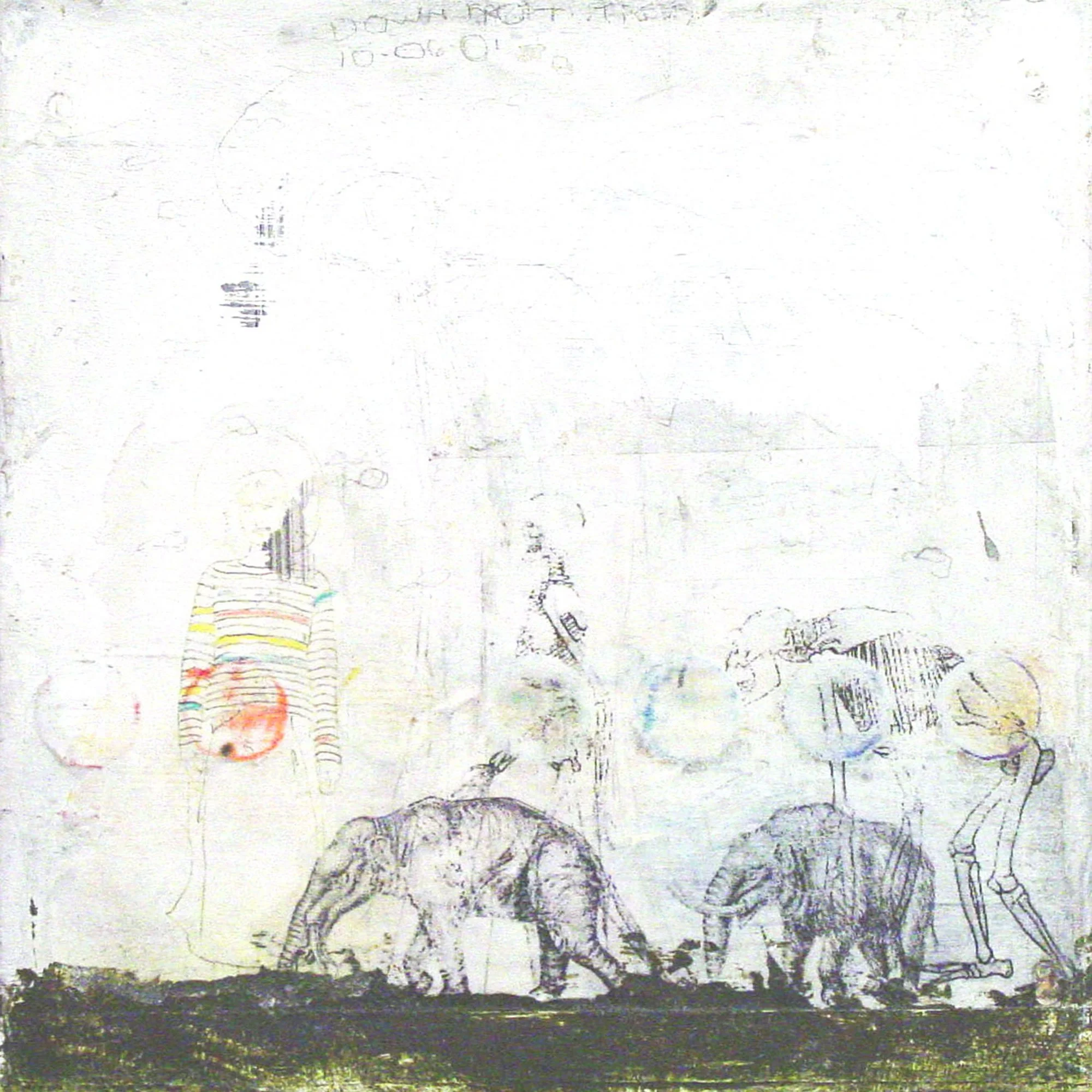  Down From Trees  — acrylic, graphite, pigment transfer on canvas, 10 x 10 inches, 2001
