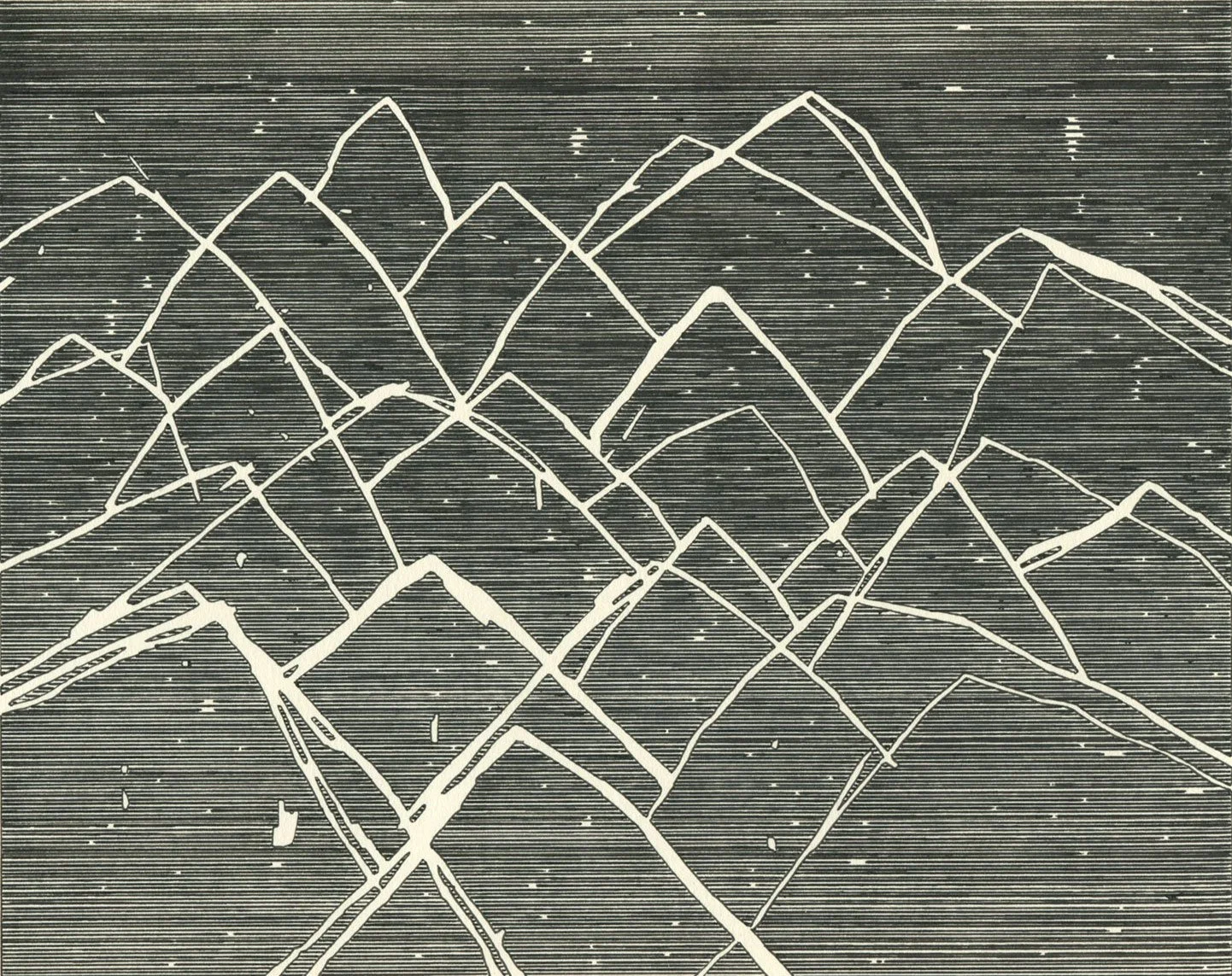Permanent marker drawing by Hollis Brown Thornton depicting overlapping mountain-like forms outlined against a field of dense horizontal black lines.