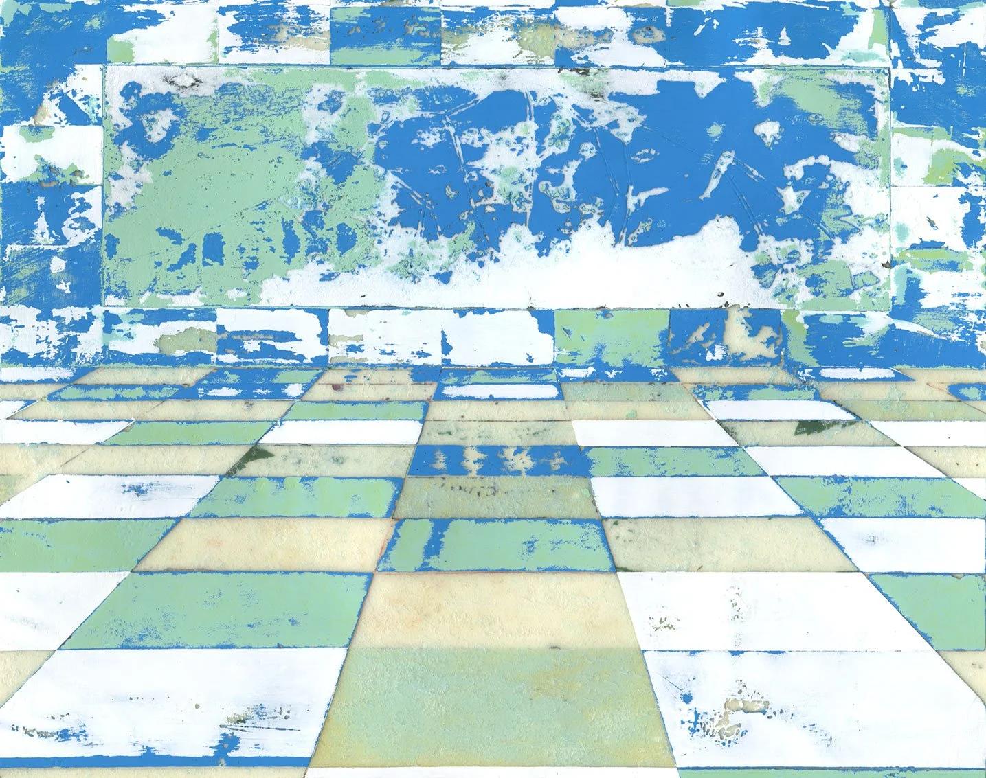 Hollis Brown Thornton painting of an empty interior with a worn blue, green, and white tiled floor and a large partially erased image extending across the wall.