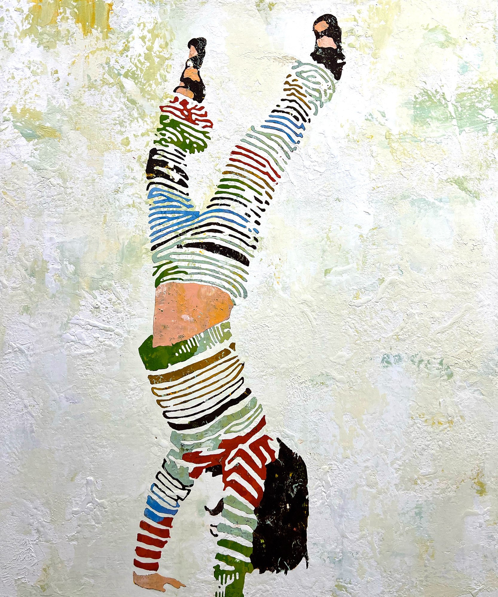Painting of an inverted figure balanced on one hand, rendered in multicolored stripes against a heavily textured pale background.