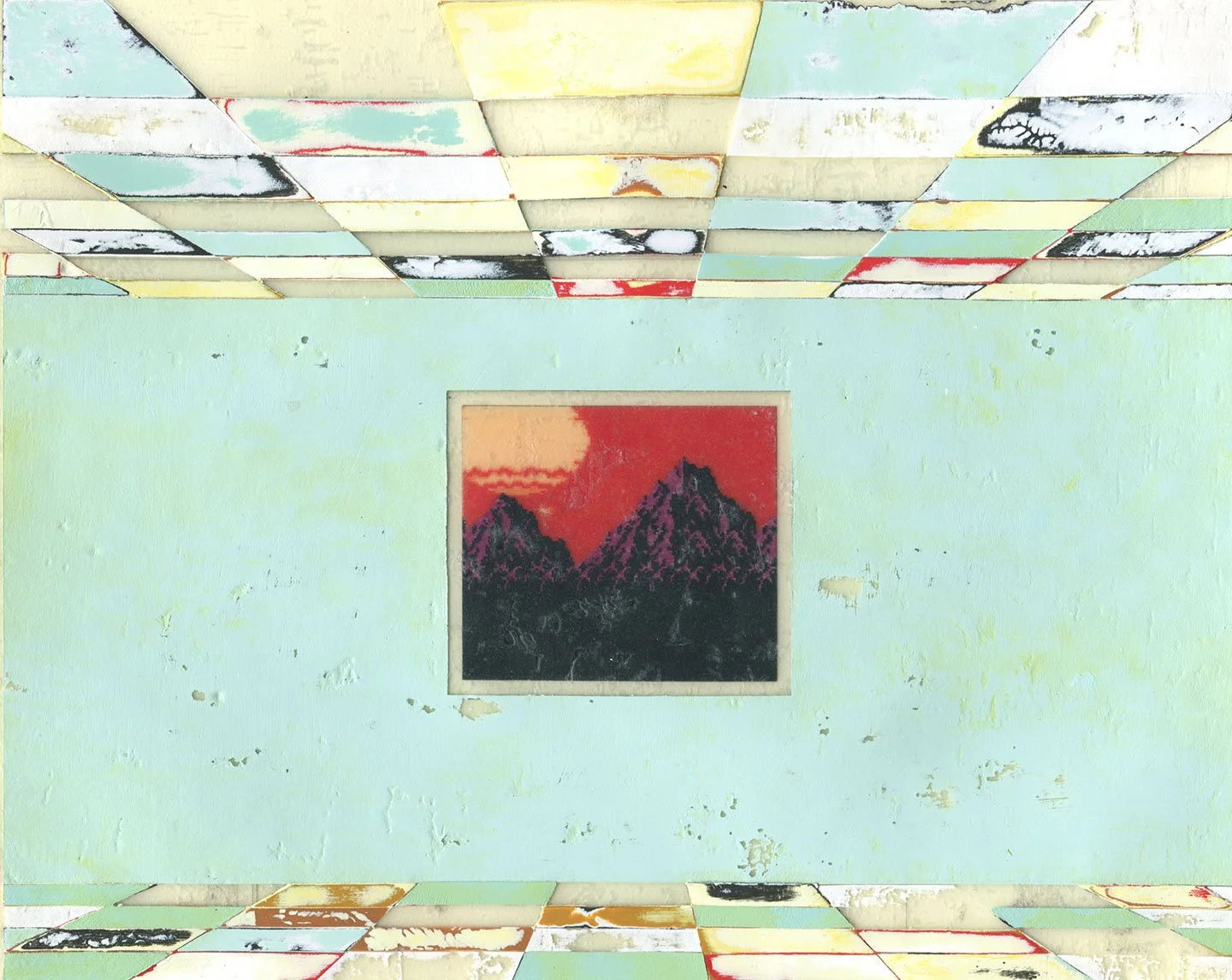 Painting by Hollis Brown Thornton depicting an empty pale blue-green room with a small mountain image centered on the wall and fragmented patterned surfaces along the ceiling and floor.