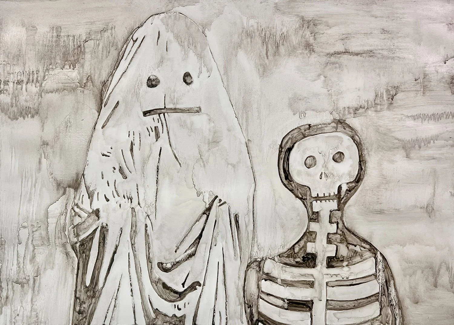  The Ghost & the Skeleton  — oil on paper, 23 x 30 inches, 2022