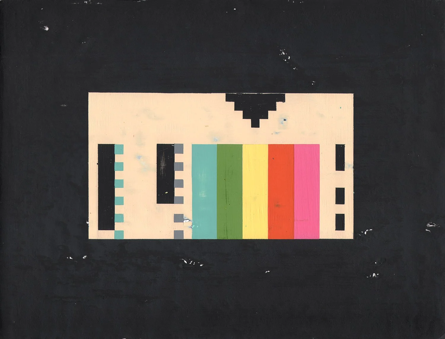 Painting of a VHS tape label with turquoise, green, yellow, orange, and pink color bars centered against a distressed black background.