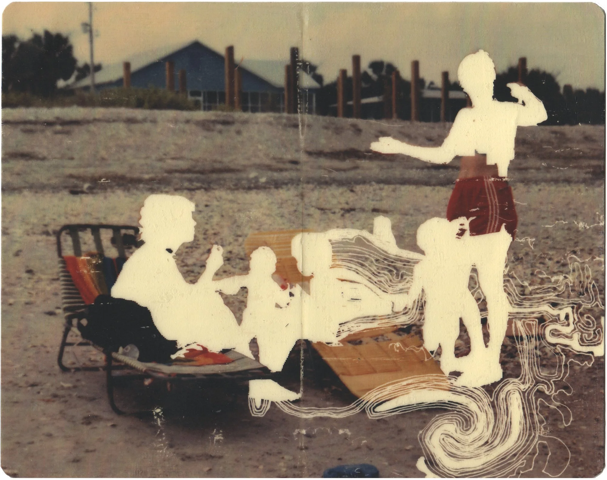 Pigment transfer showing a group of faceless white figures gathered outdoors, with flowing line patterns extending through the figures and landscape.
