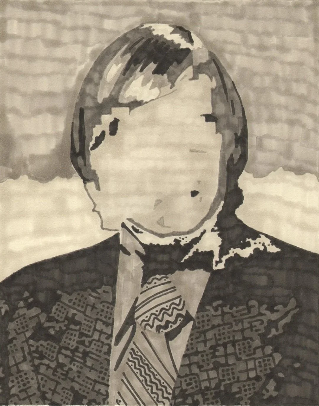 Black and white portrait of a person with medium-length hair, wearing a suit and tie with a patterned shirt and lapel, in an abstract art style.