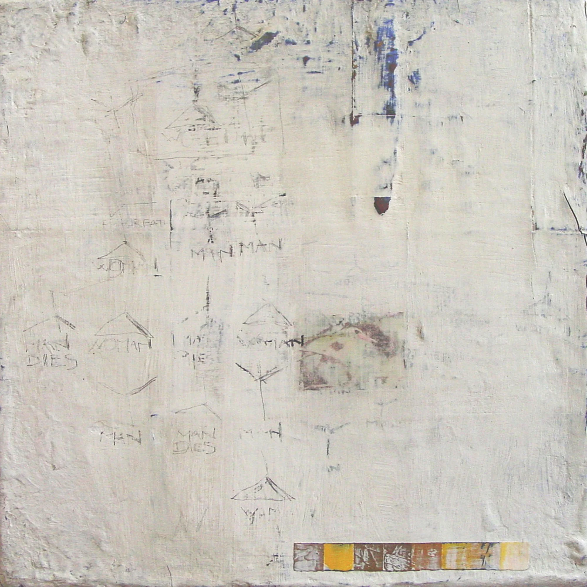  The Divorce Plan  — acrylic, graphite, pigment transfer on canvas, 10 x 10 inches, 2001