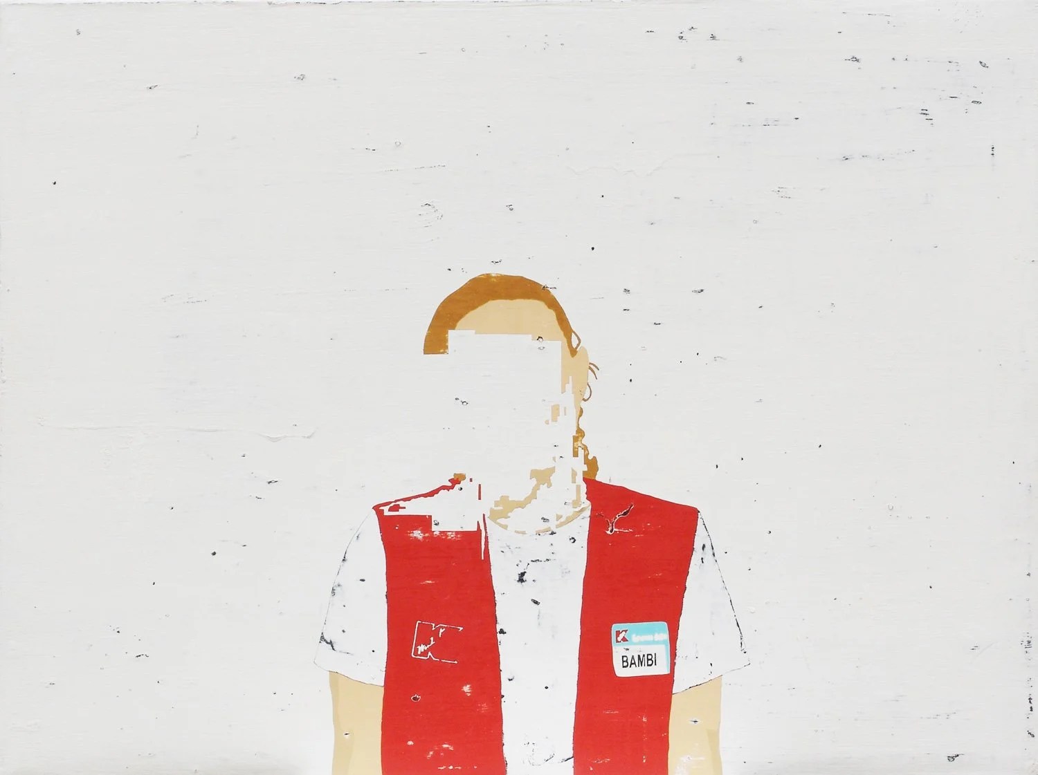 Painting of a faceless figure wearing a red store vest and name tag against a heavily worked white background.
