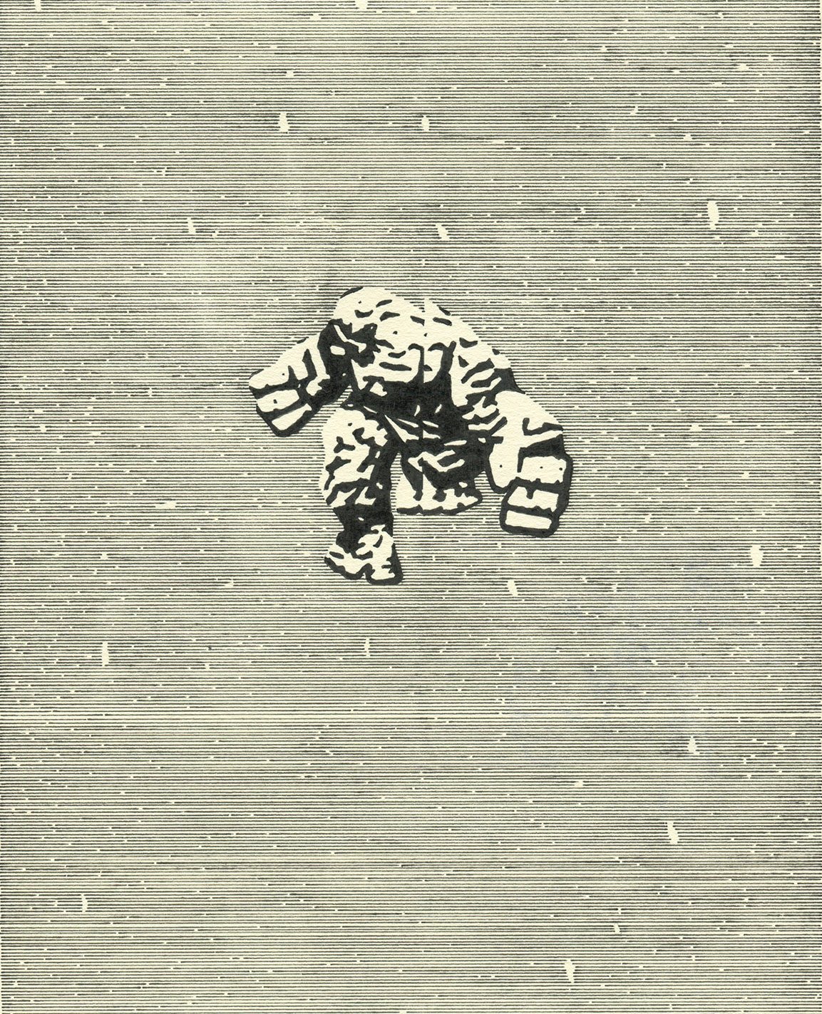 Permanent marker drawing by Hollis Brown Thornton depicting a small, crouching rock-like figure surrounded by dense horizontal black lines.