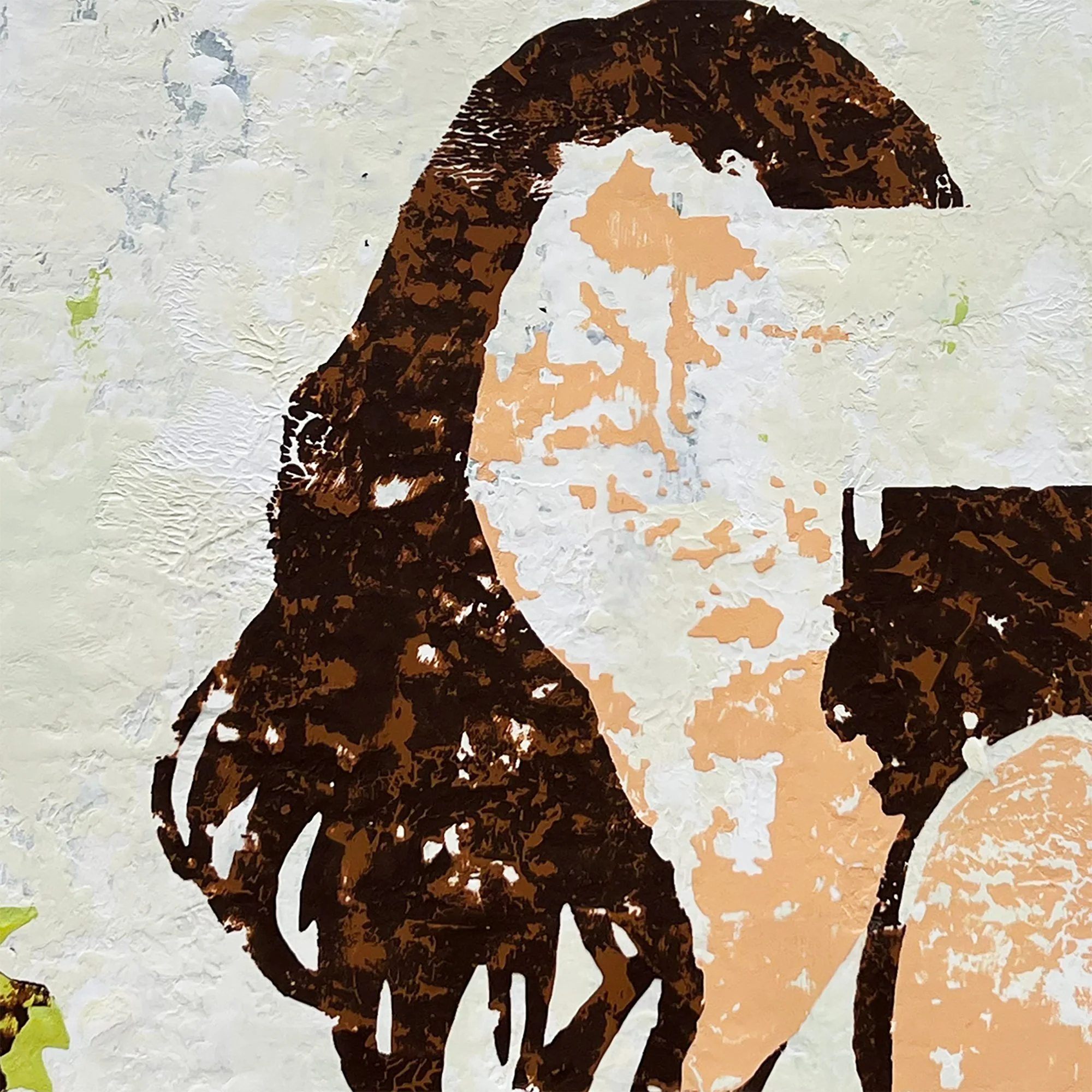 Detail of the painting showing the woman’s partially erased face, dark brown hair, and layered, textured surface.