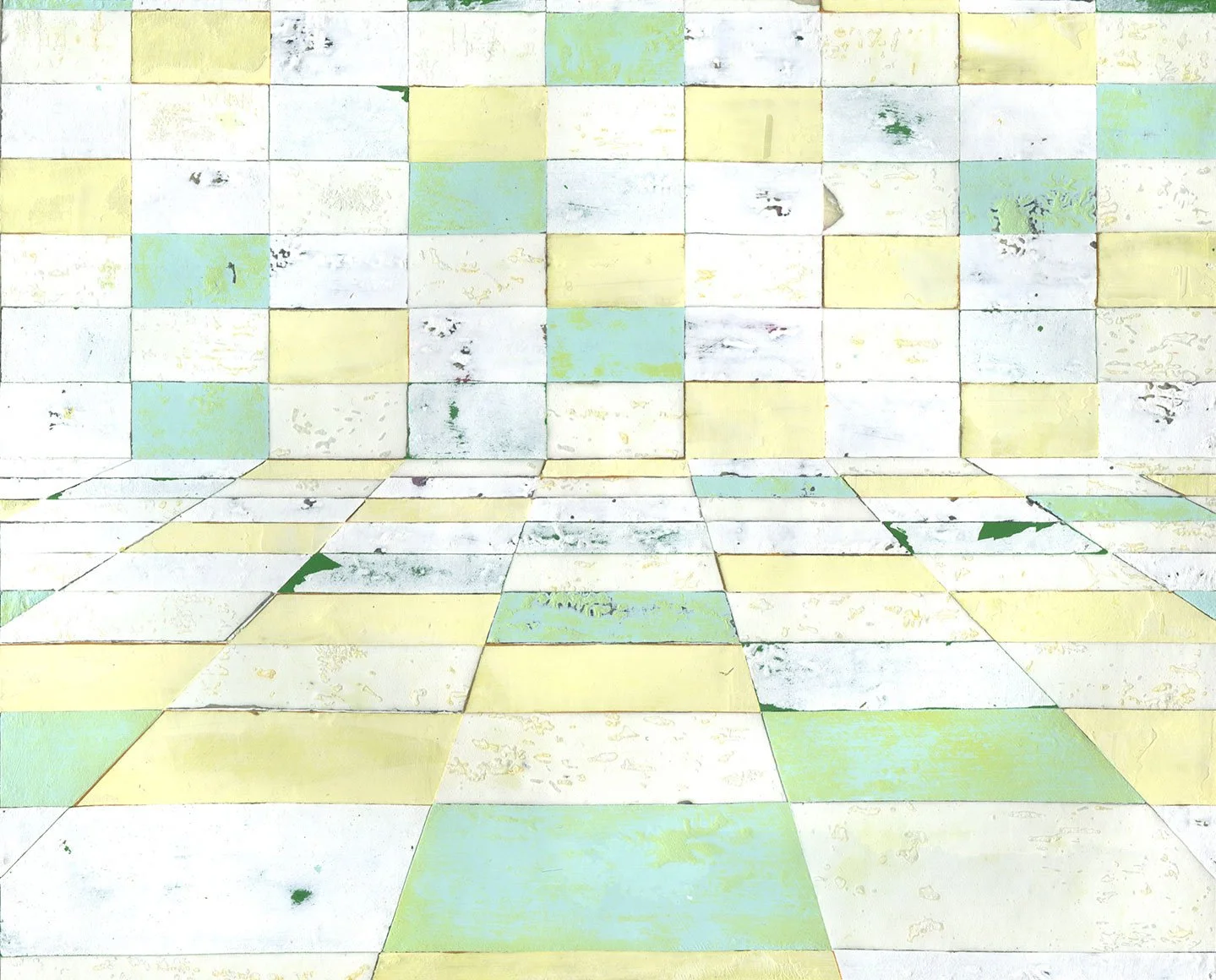 Hollis Brown Thornton painting of an empty interior with a repeating grid of pale yellow, blue-green, and white tiles extending across the wall and floor.