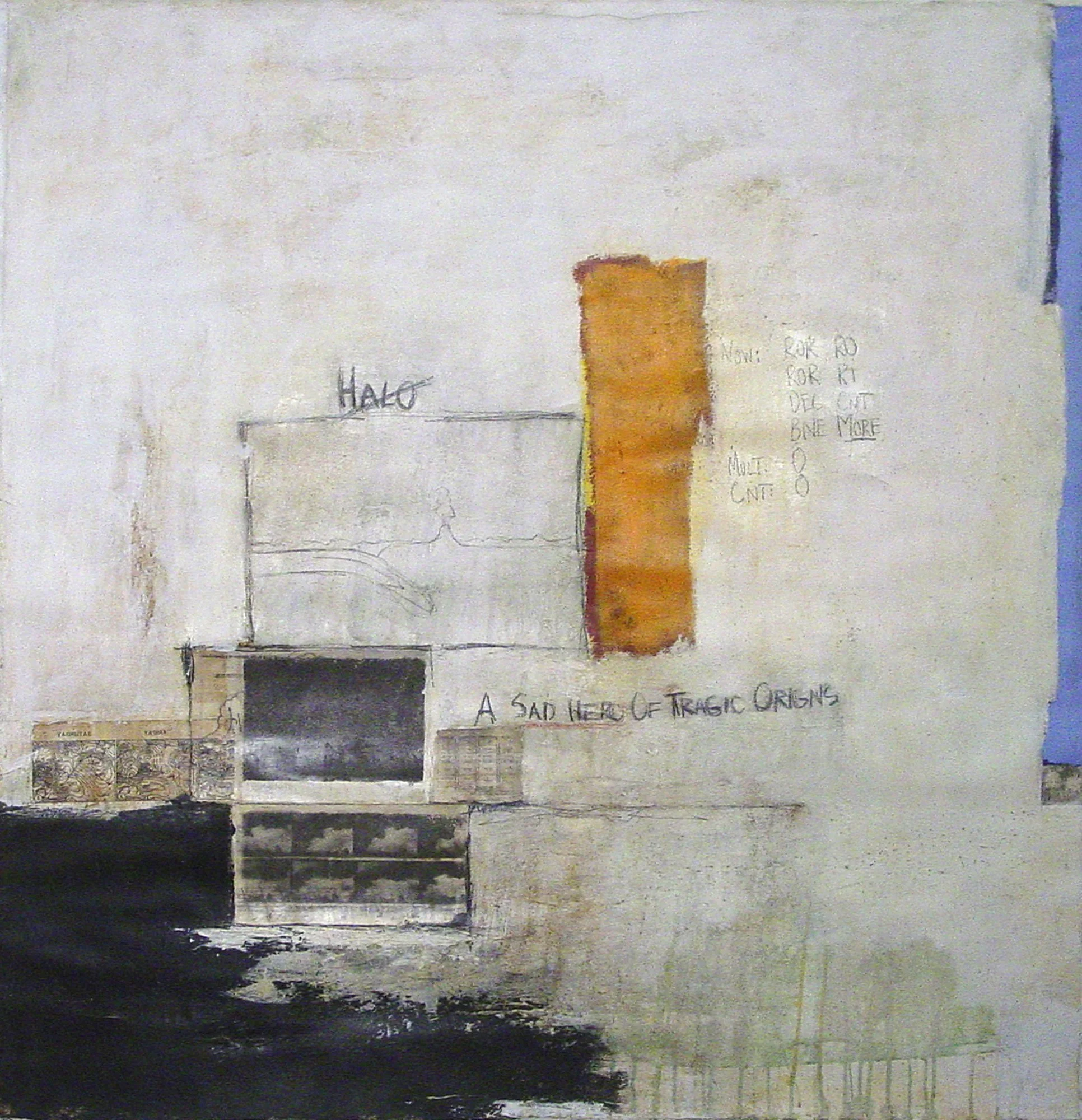  A Sad Hero of Tragic Origins  — acrylic, graphite, collage on canvas, 50 x 48 inches, 2000