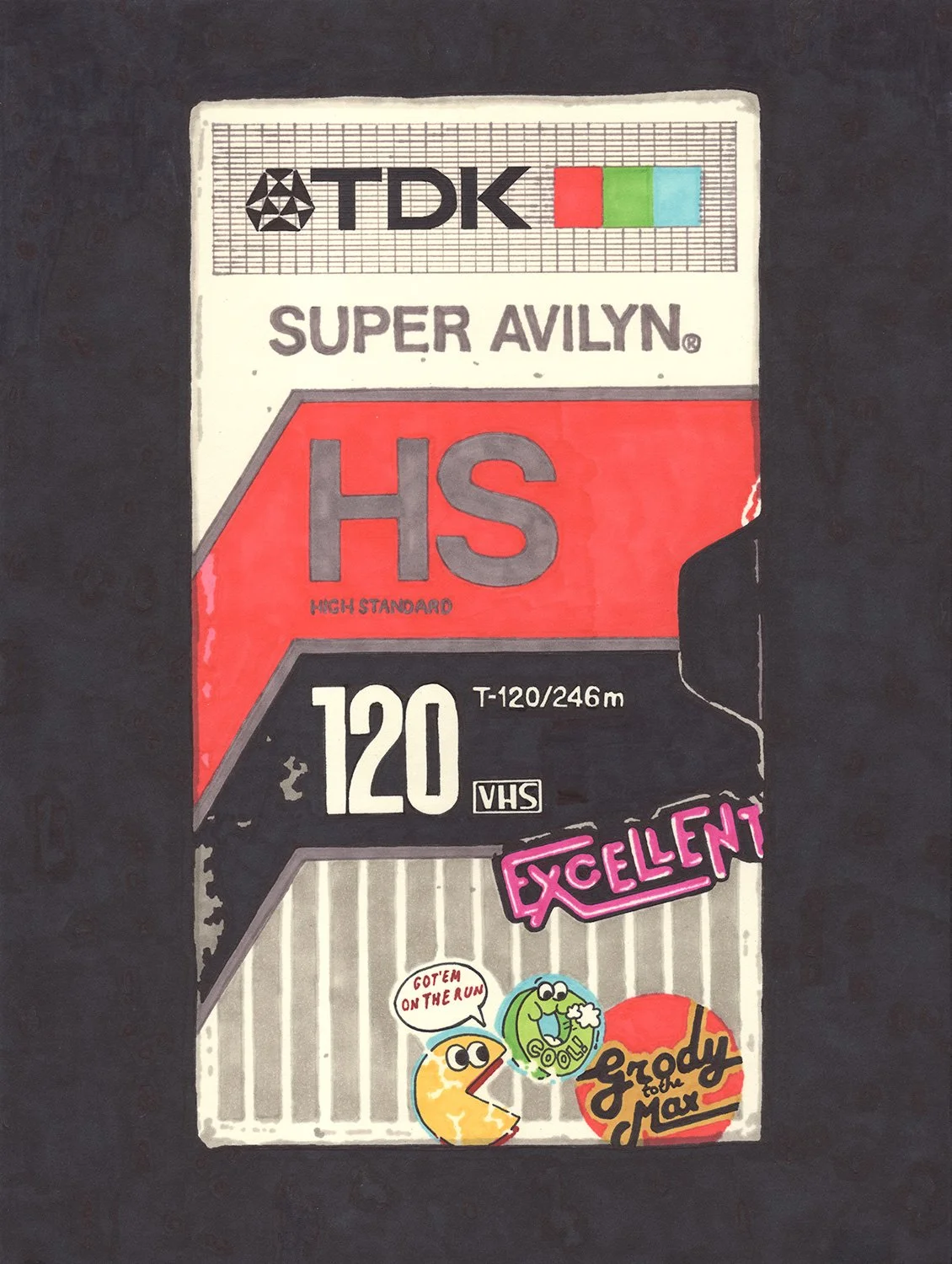 Permanent marker drawing of a TDK Super Avilyn VHS tape package with a large red label, black and gray details, and colorful stickers against a dark background.
